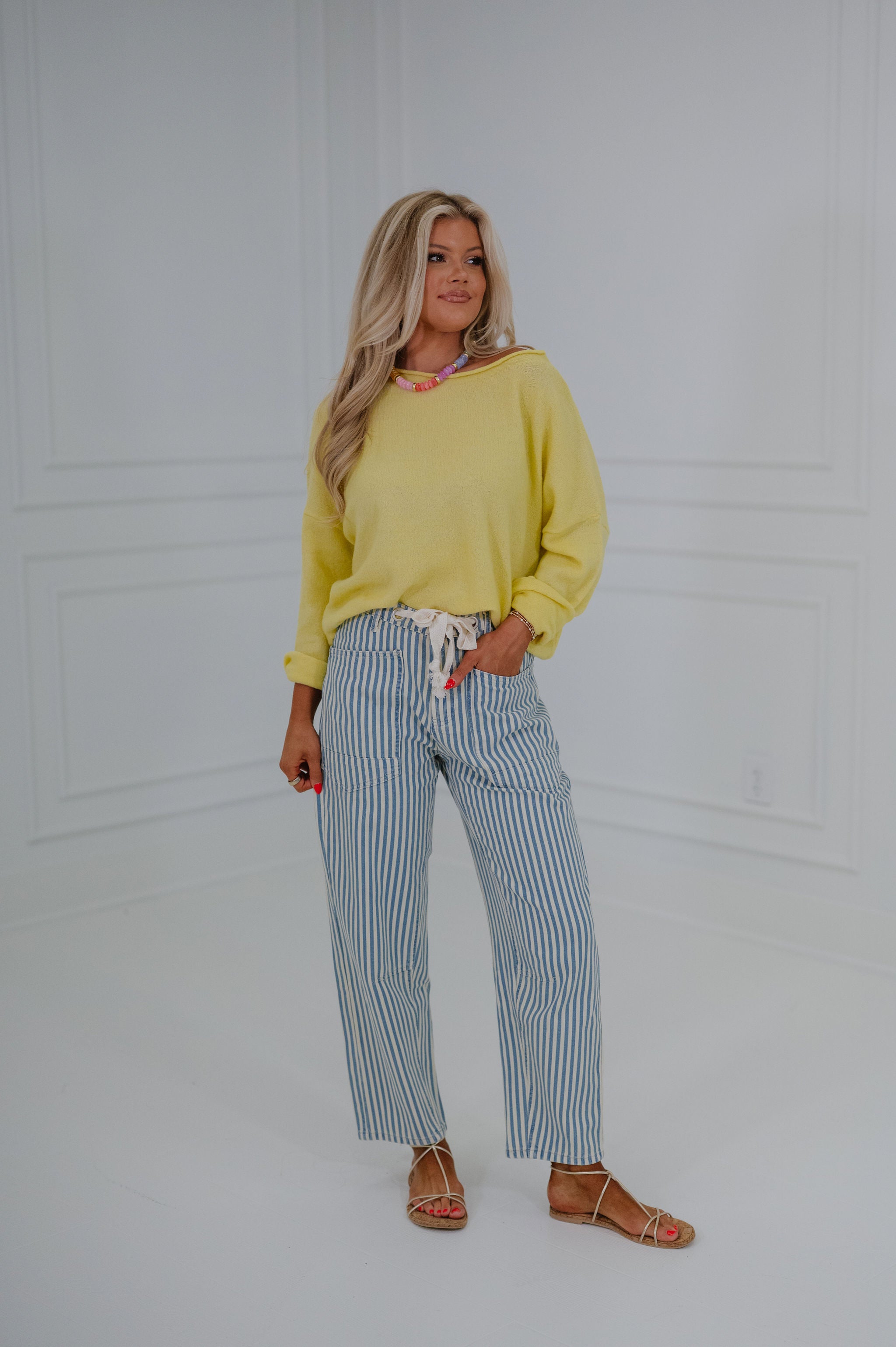 Elena Striped Barrel Pants-Light Blue