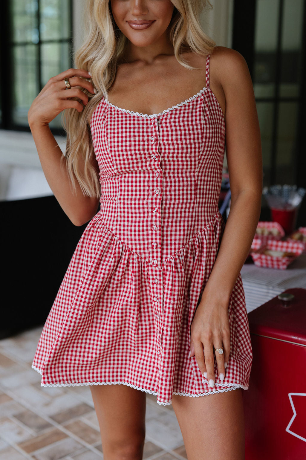 Checker Mini Dress-Red