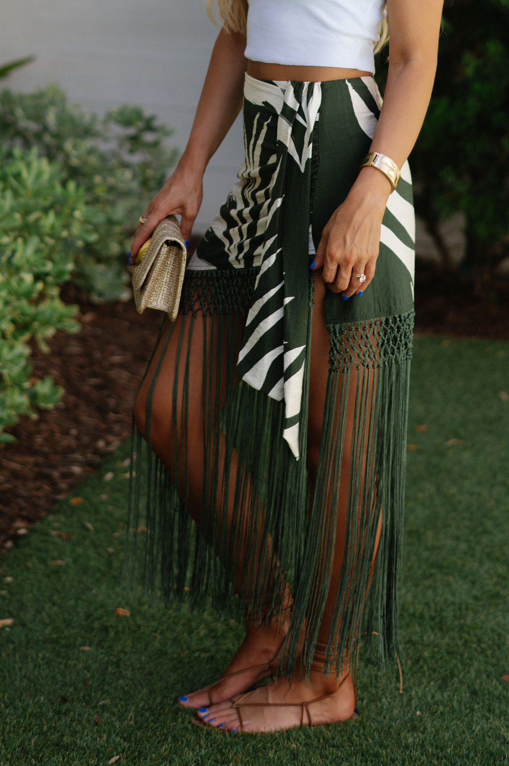 Tropical Fringe Trim Skirt-Ivory/Olive