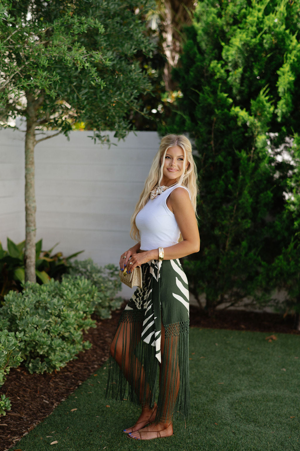 Tropical Fringe Trim Skirt-Ivory/Olive