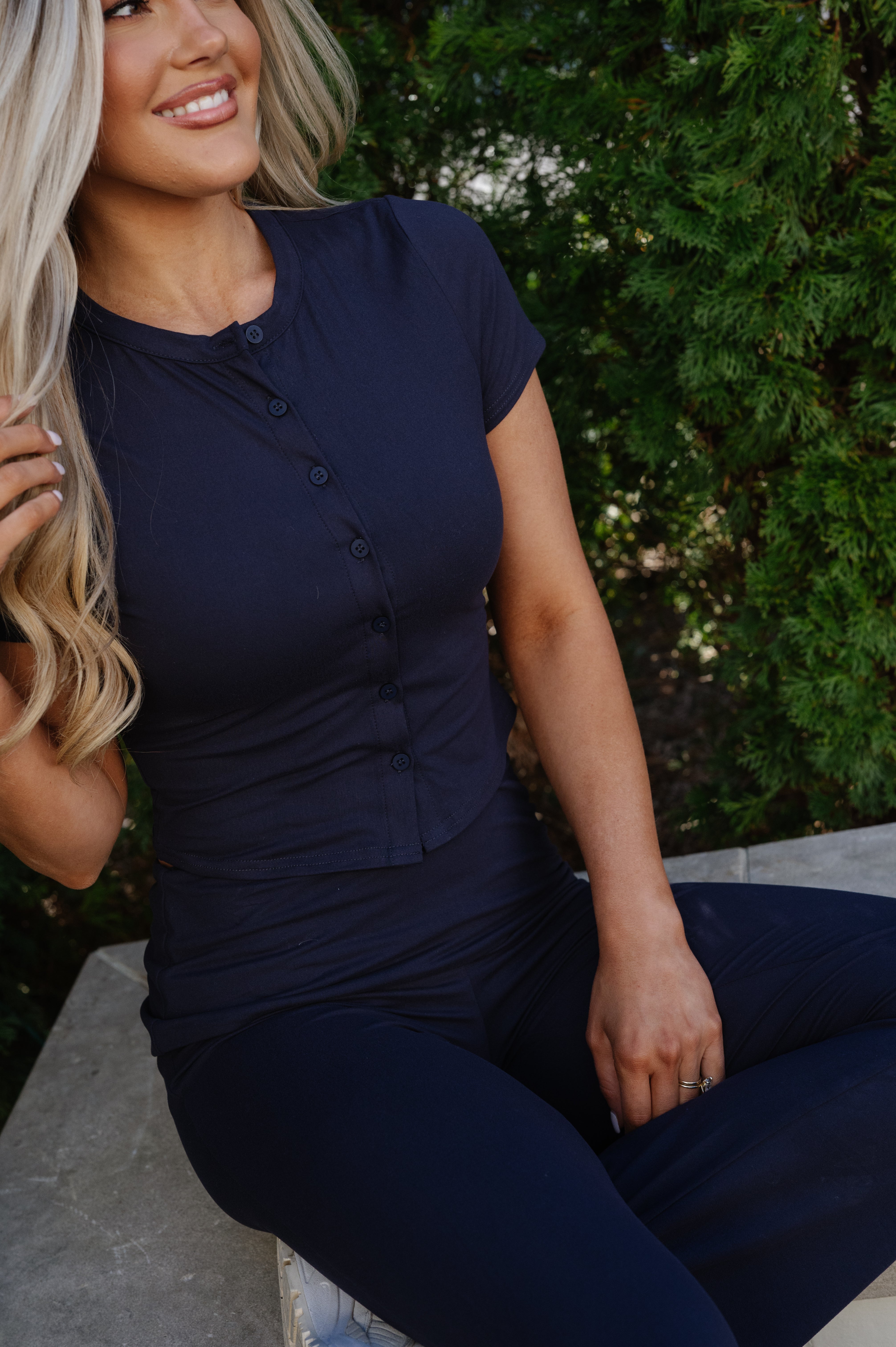 Jersey High Waist Flared Pants Set-Navy