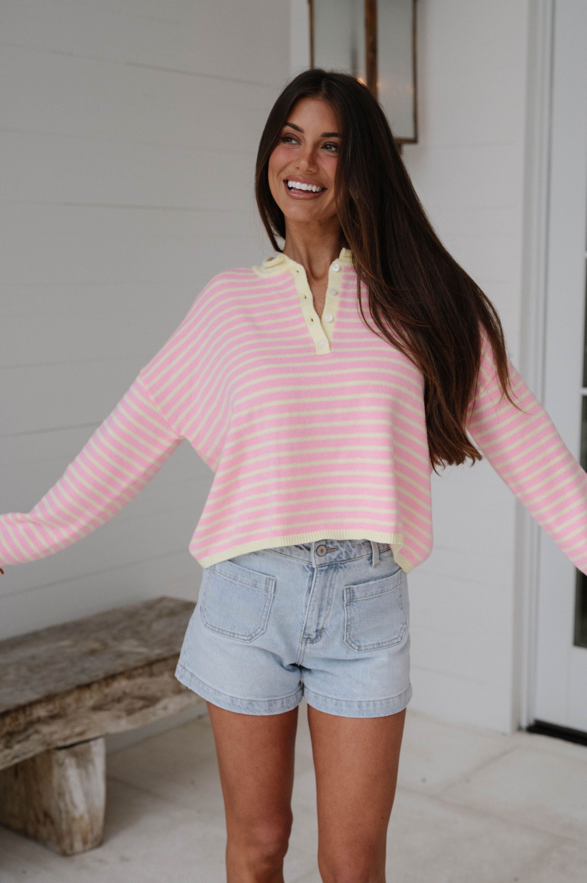 Liz Striped Henley Sweater-Pink/Yellow
