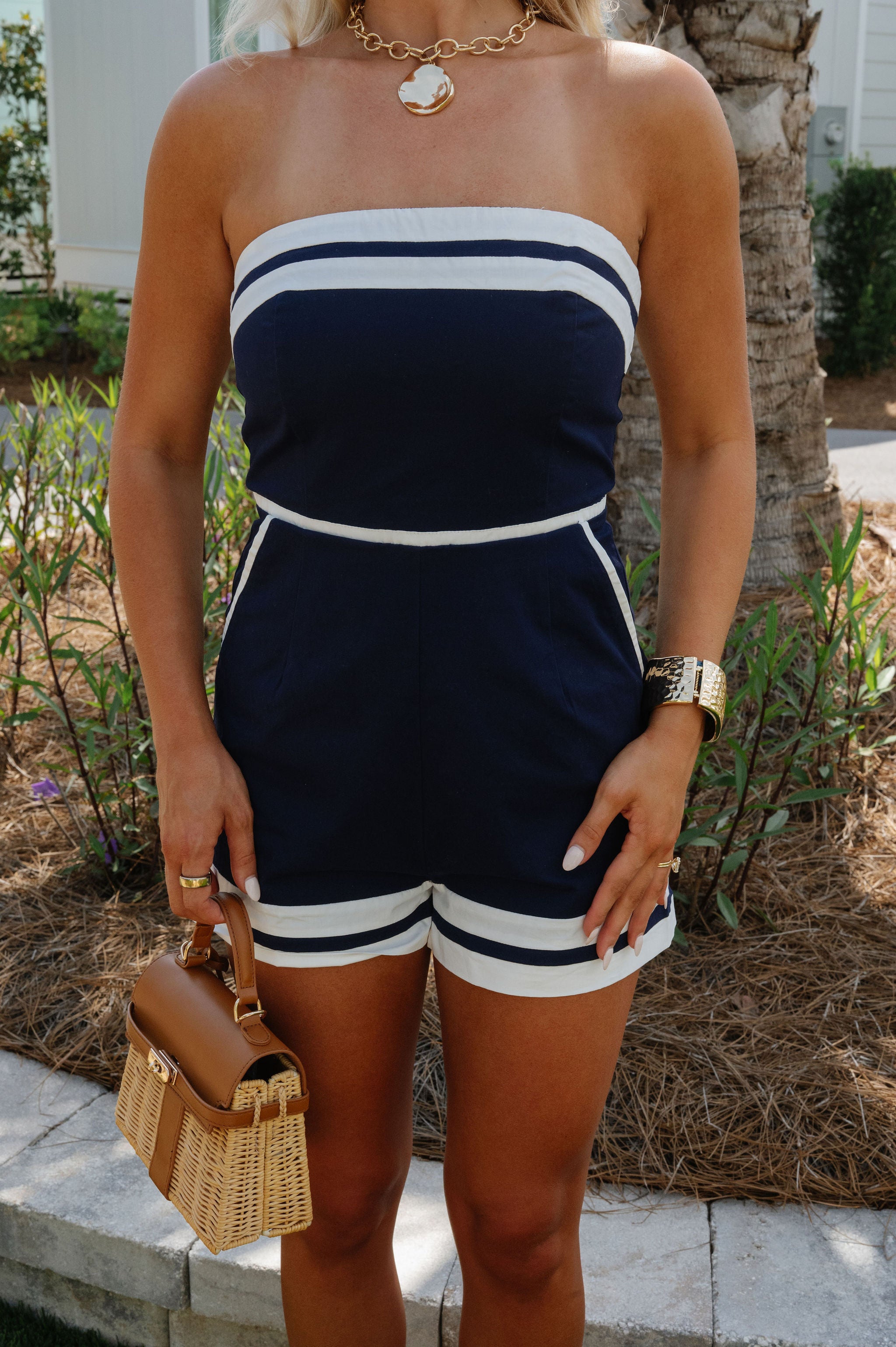 Strapless Contrast Romper-Navy/White
