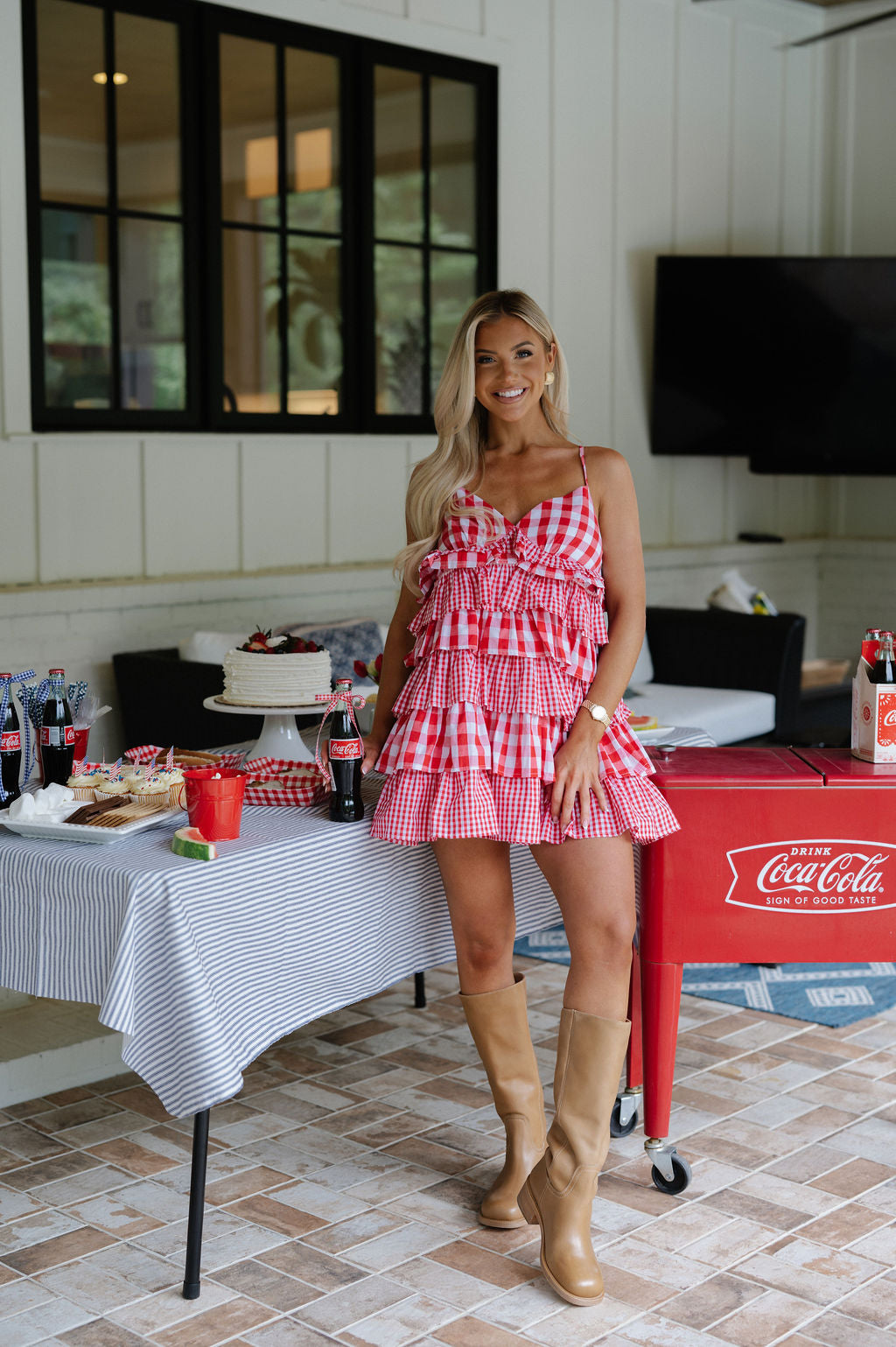 Gingham Ruffle Mini Dress-Red/White