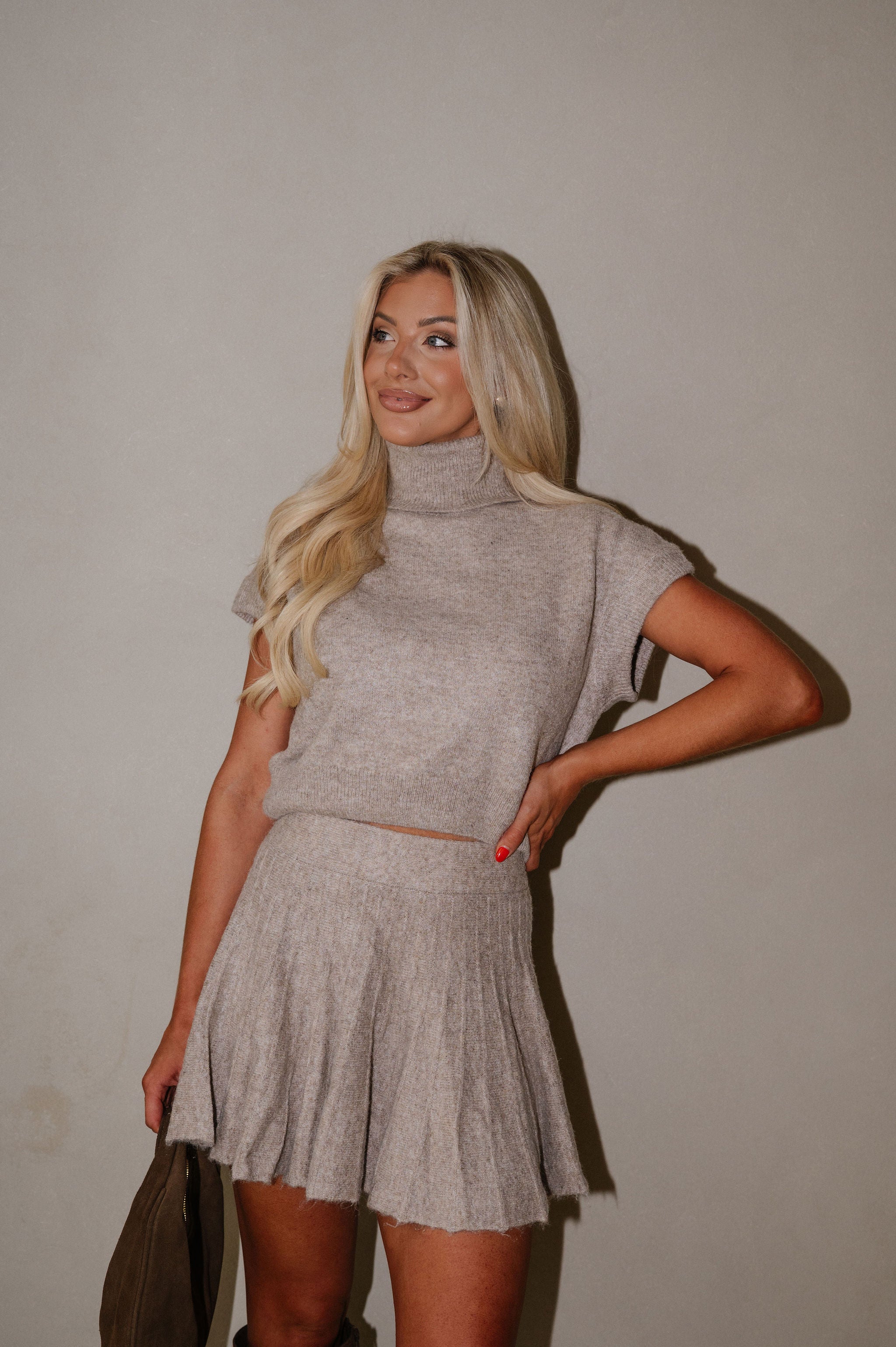 Bennet Pleated Skirt Set-Taupe