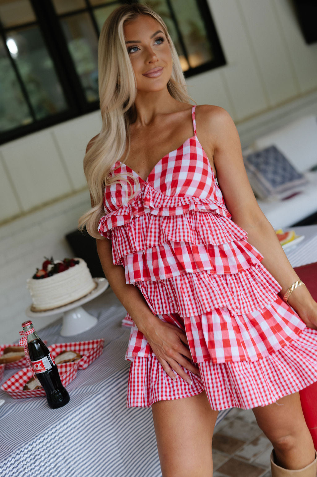 Gingham Ruffle Mini Dress-Red/White