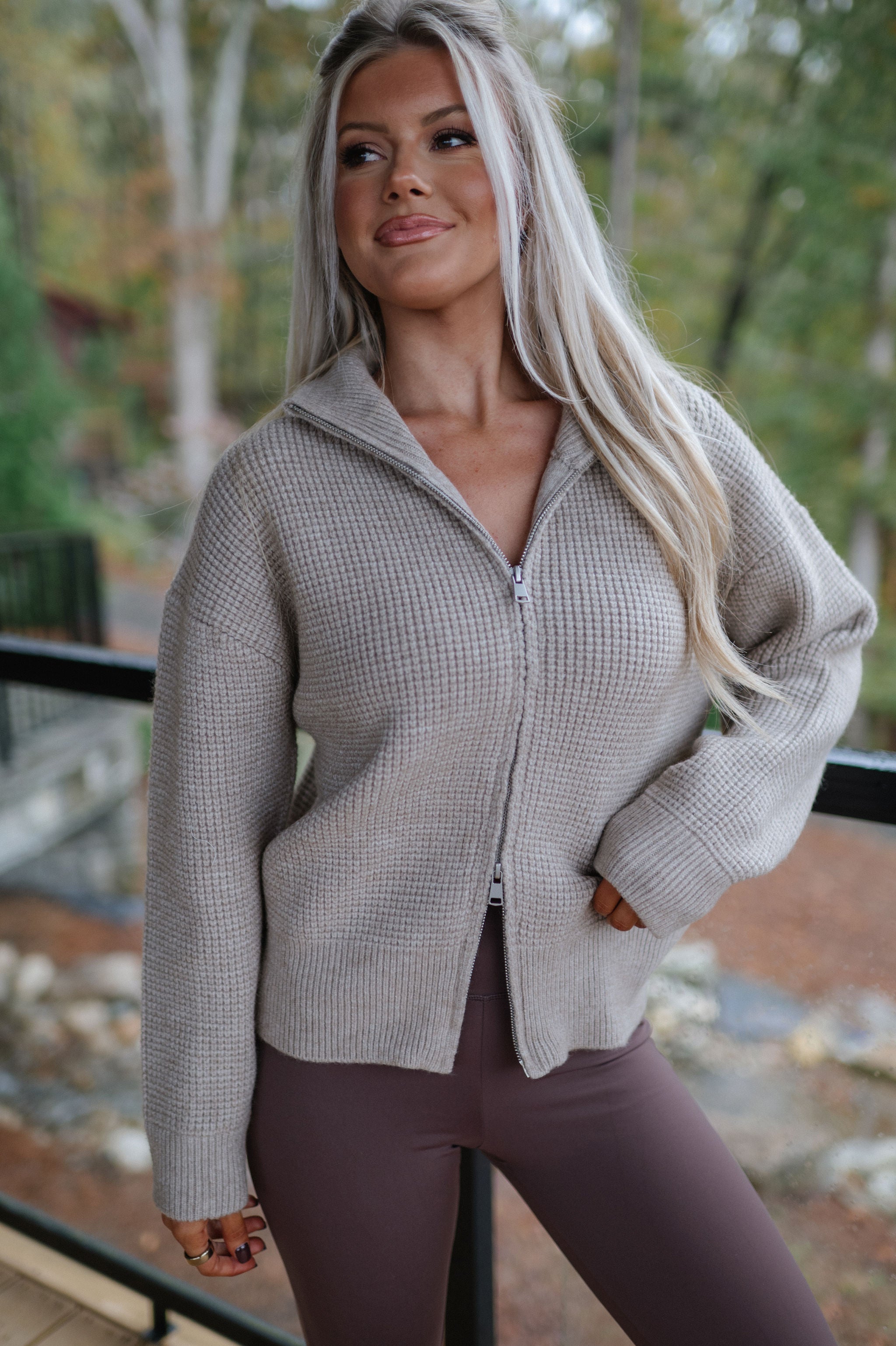 Two Way Waffle Knit Zip Up-Sand