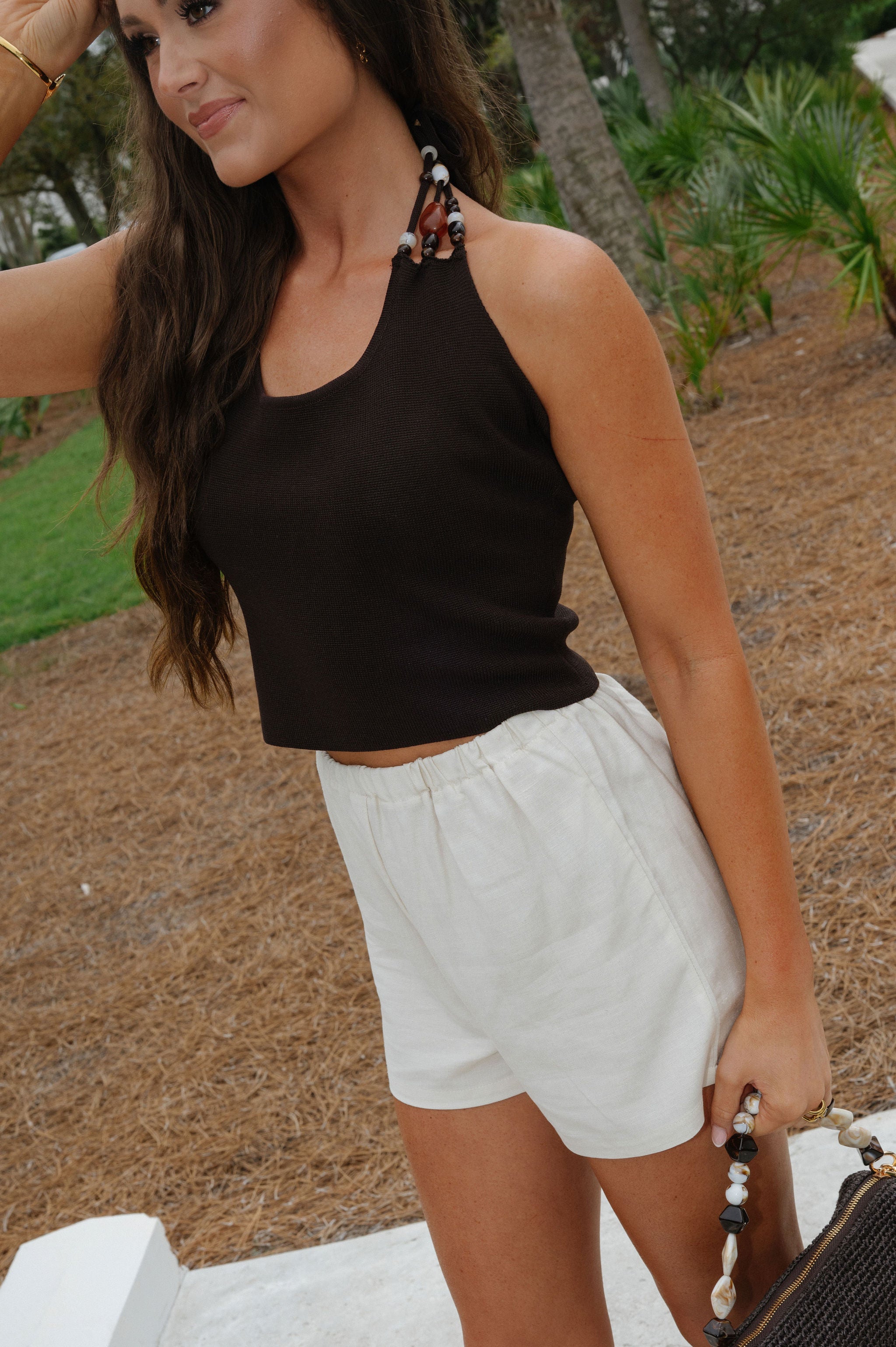 Beaded Halter Sweater-Chocolate