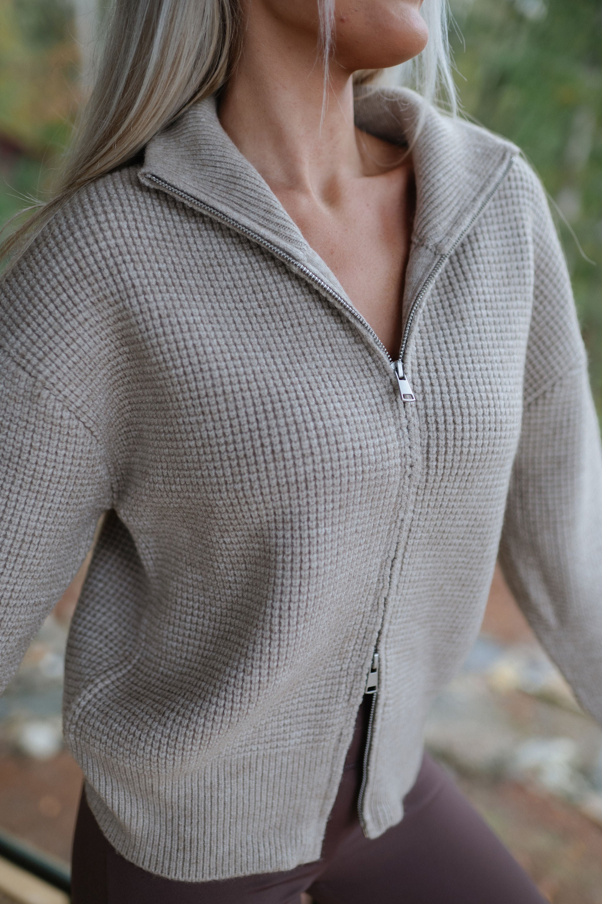 Two Way Waffle Knit Zip Up-Sand