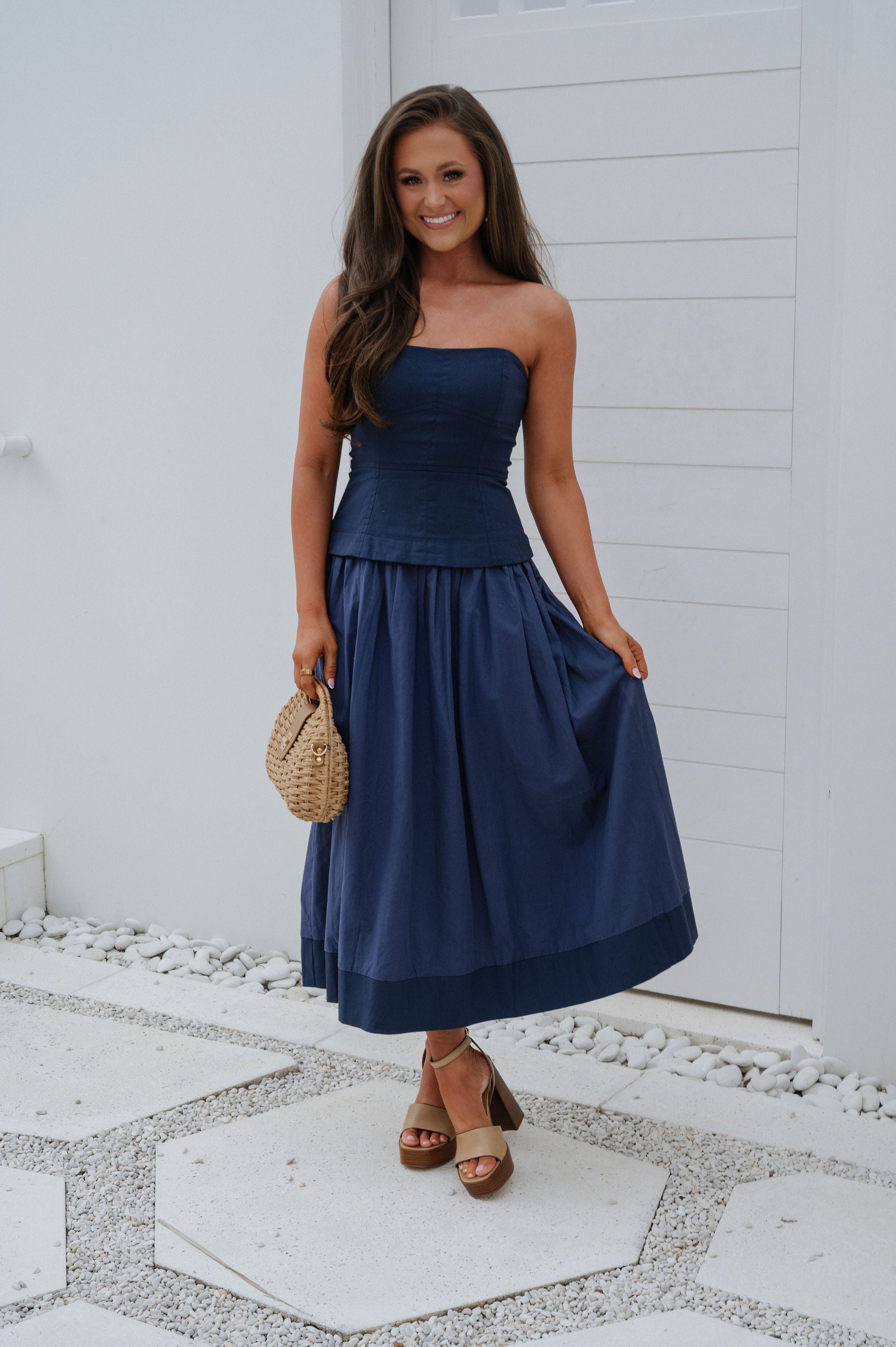 Corset Lined Strapless Dress-Navy
