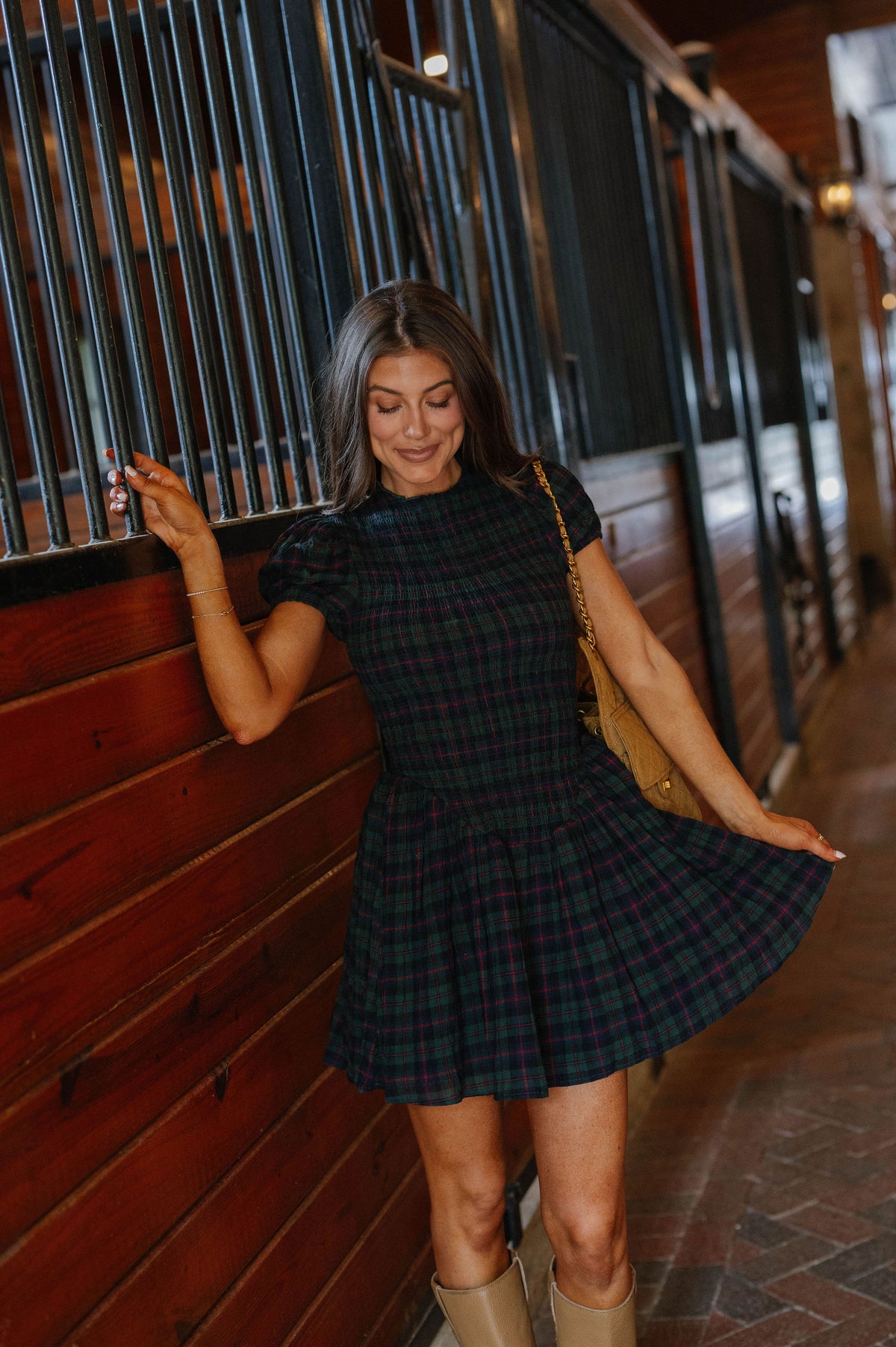 Rowan Plaid Smocked Mini Dress-Green