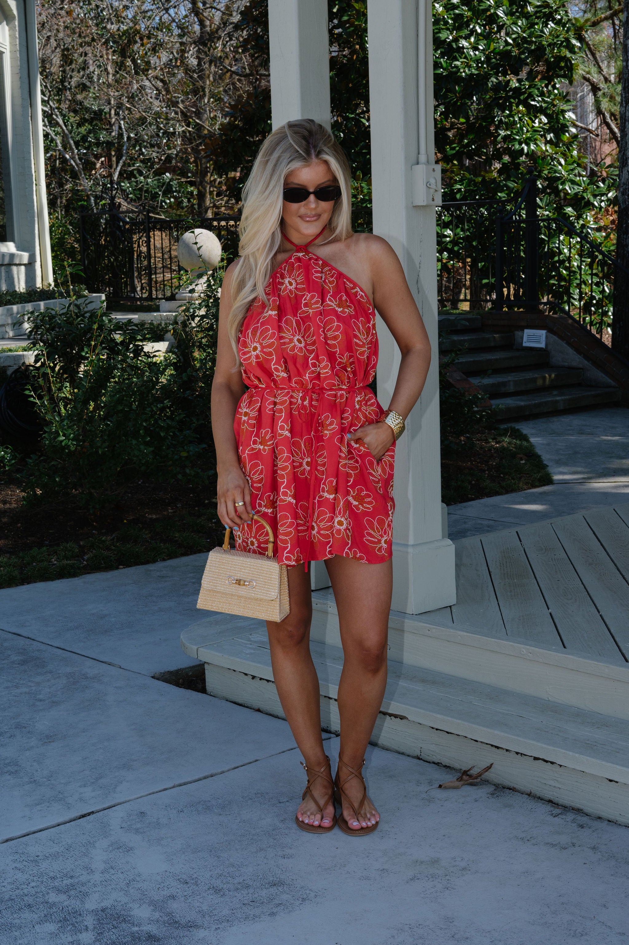 Archie Floral Halter Dress-Red