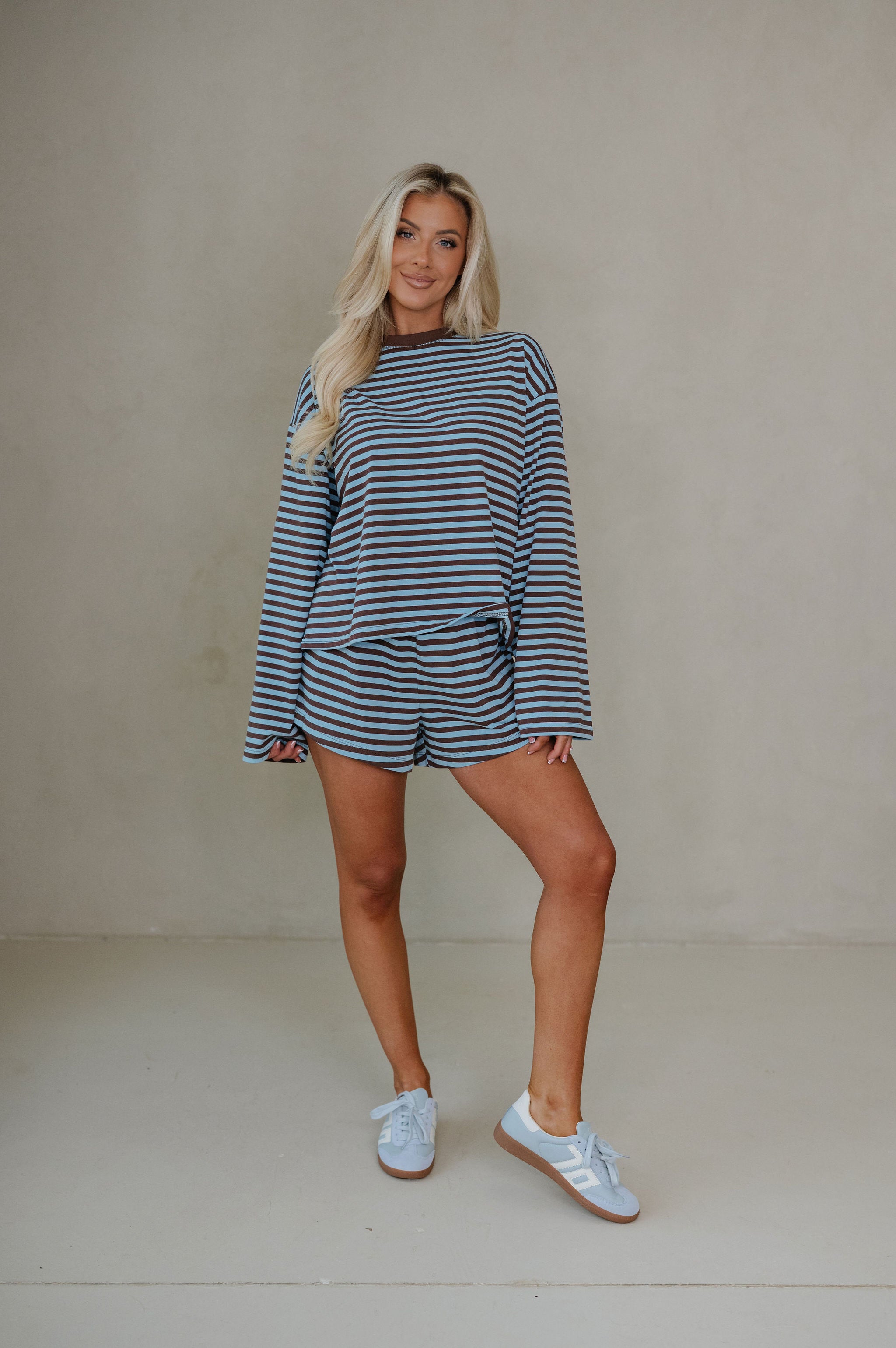 Anna Striped Shorts Set-Light Blue/Brown