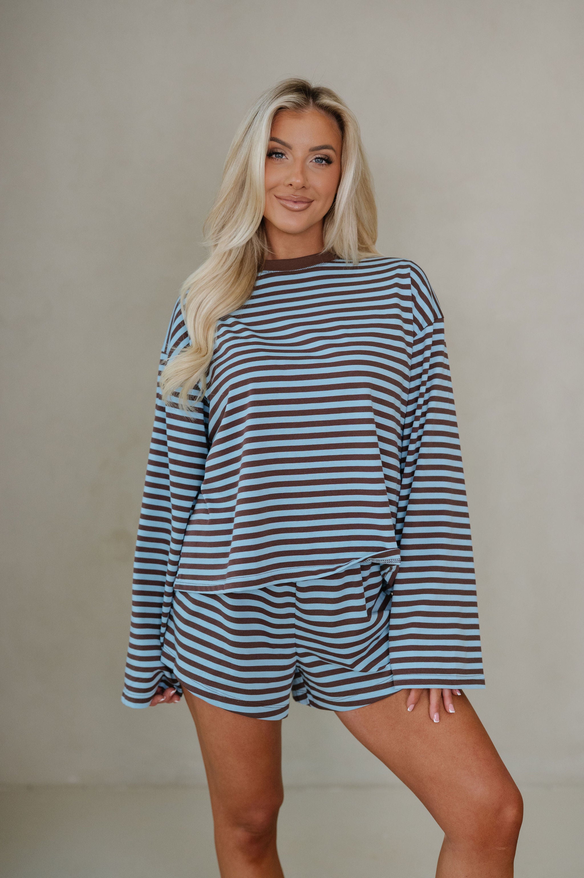 Anna Striped Shorts Set-Light Blue/Brown