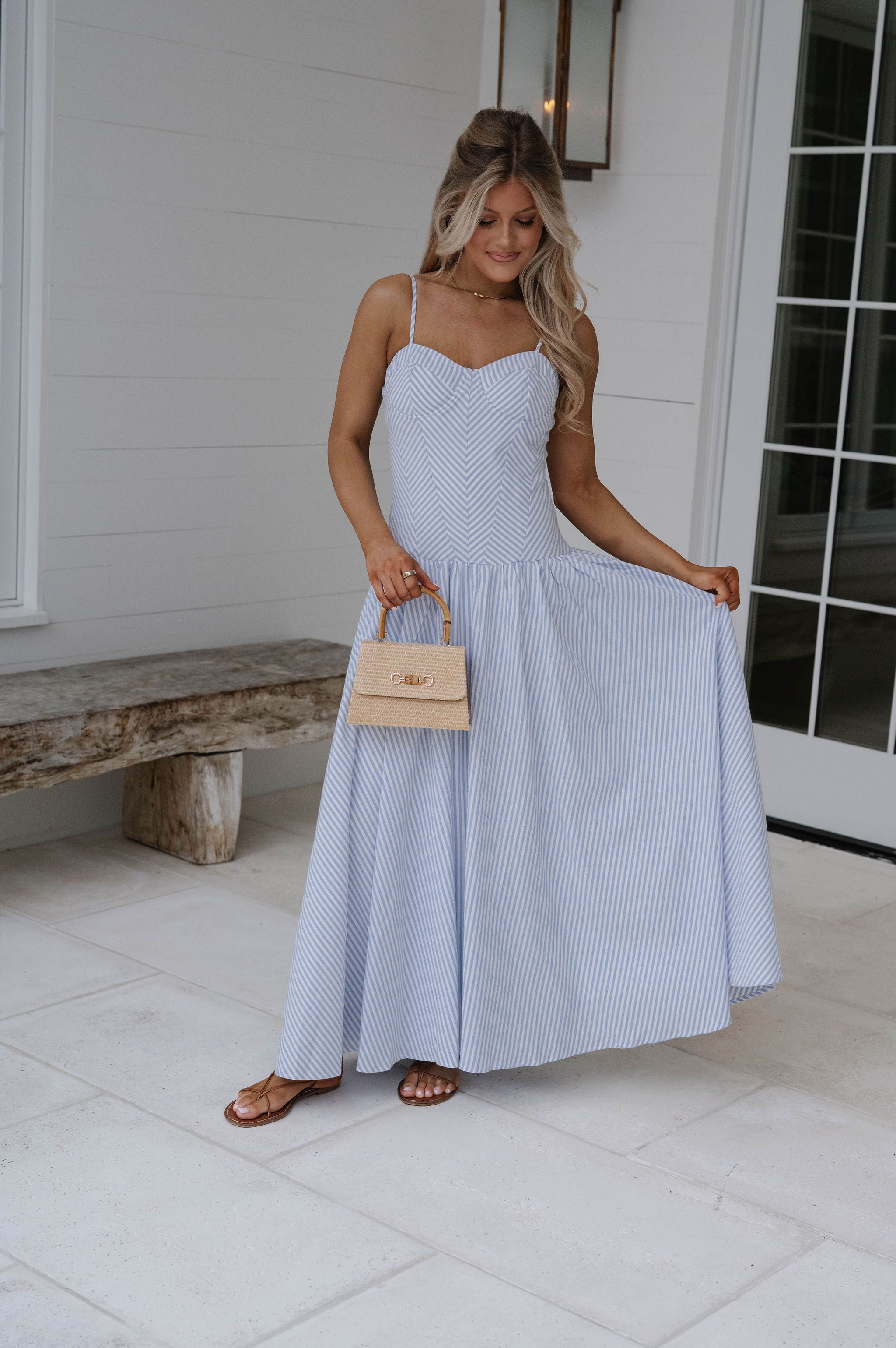 Sweetheart Striped Maxi Dress-Light Blue
