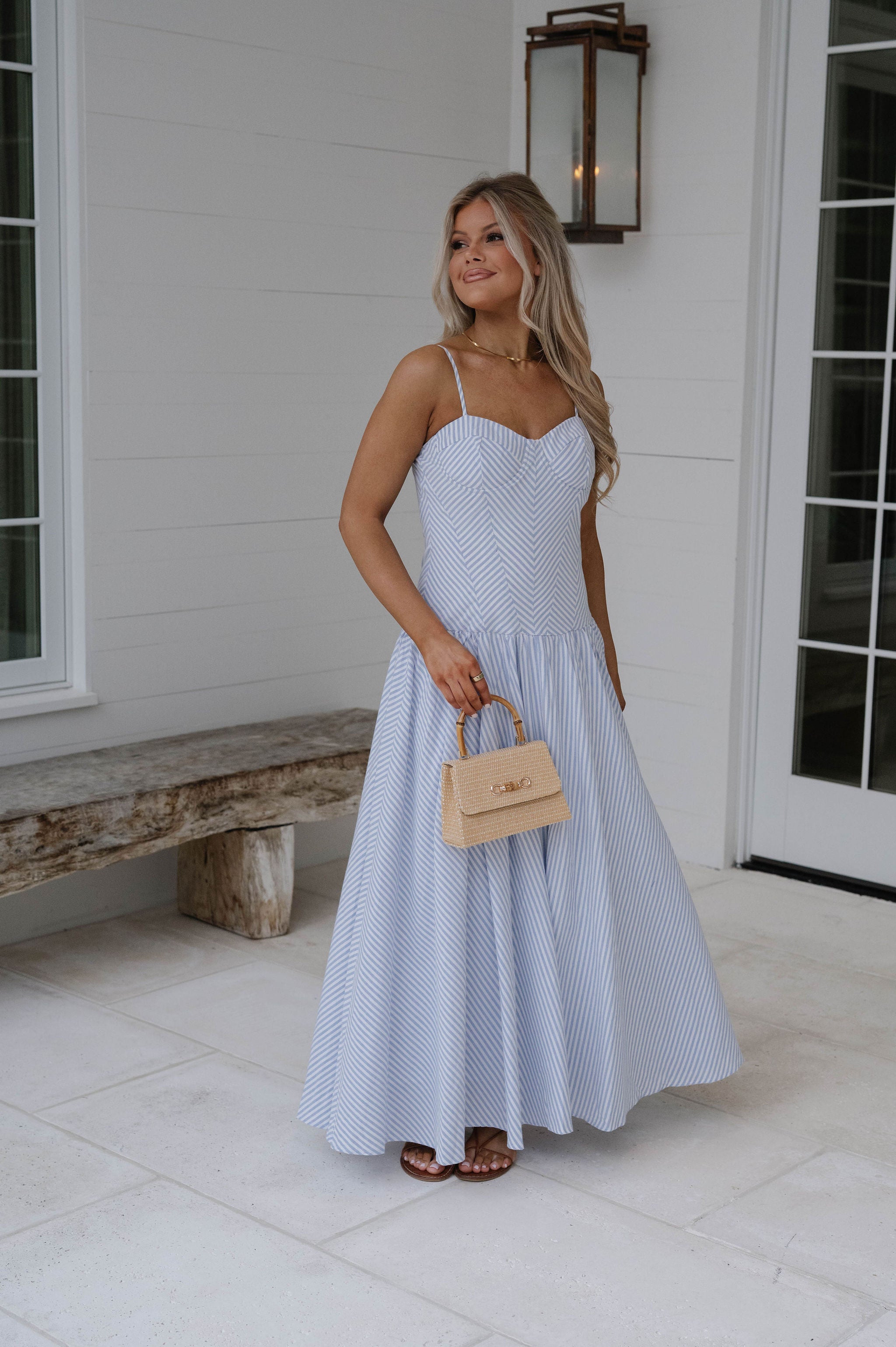 Sweetheart Striped Maxi Dress-Light Blue