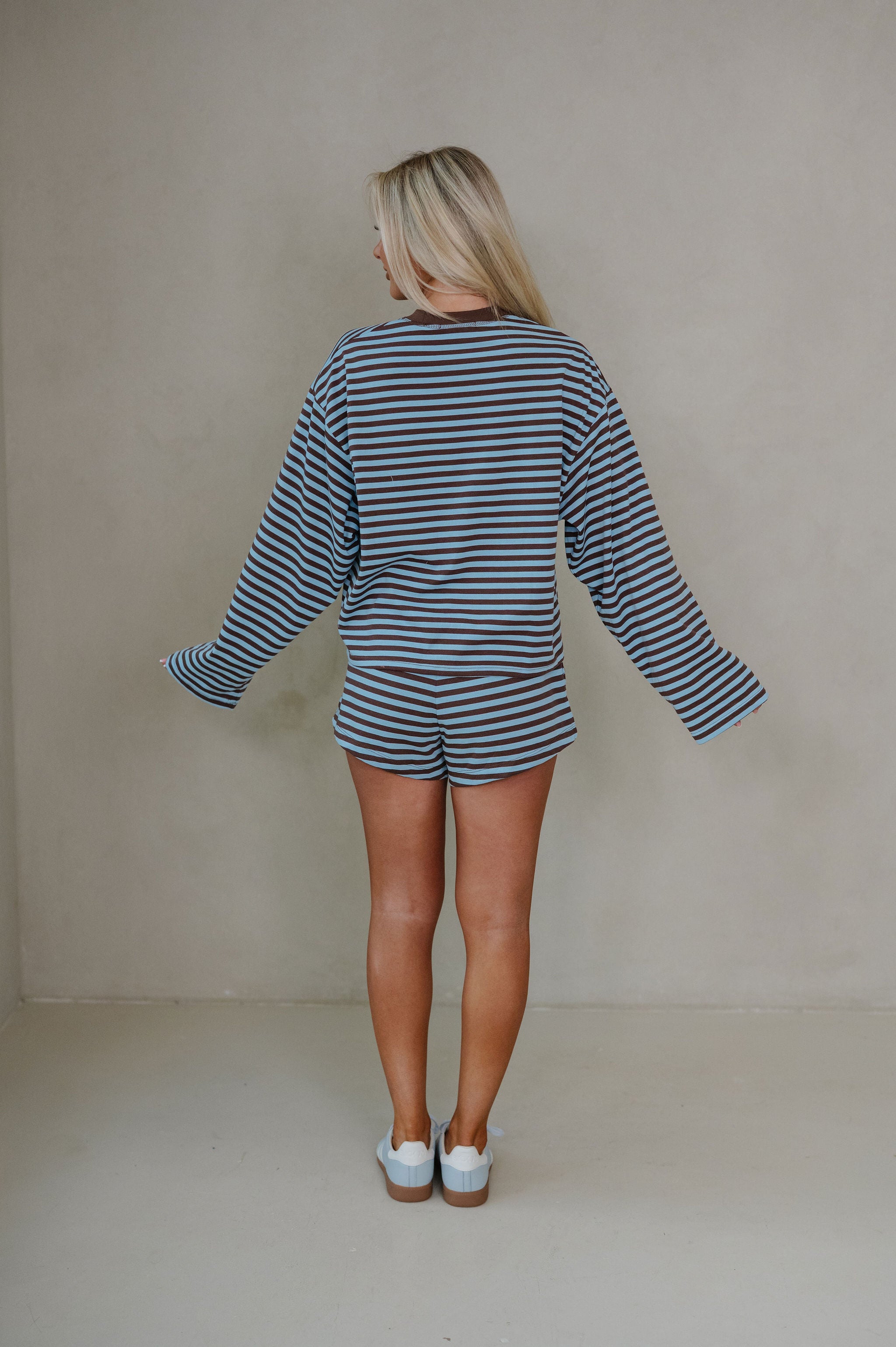 Anna Striped Shorts Set-Light Blue/Brown