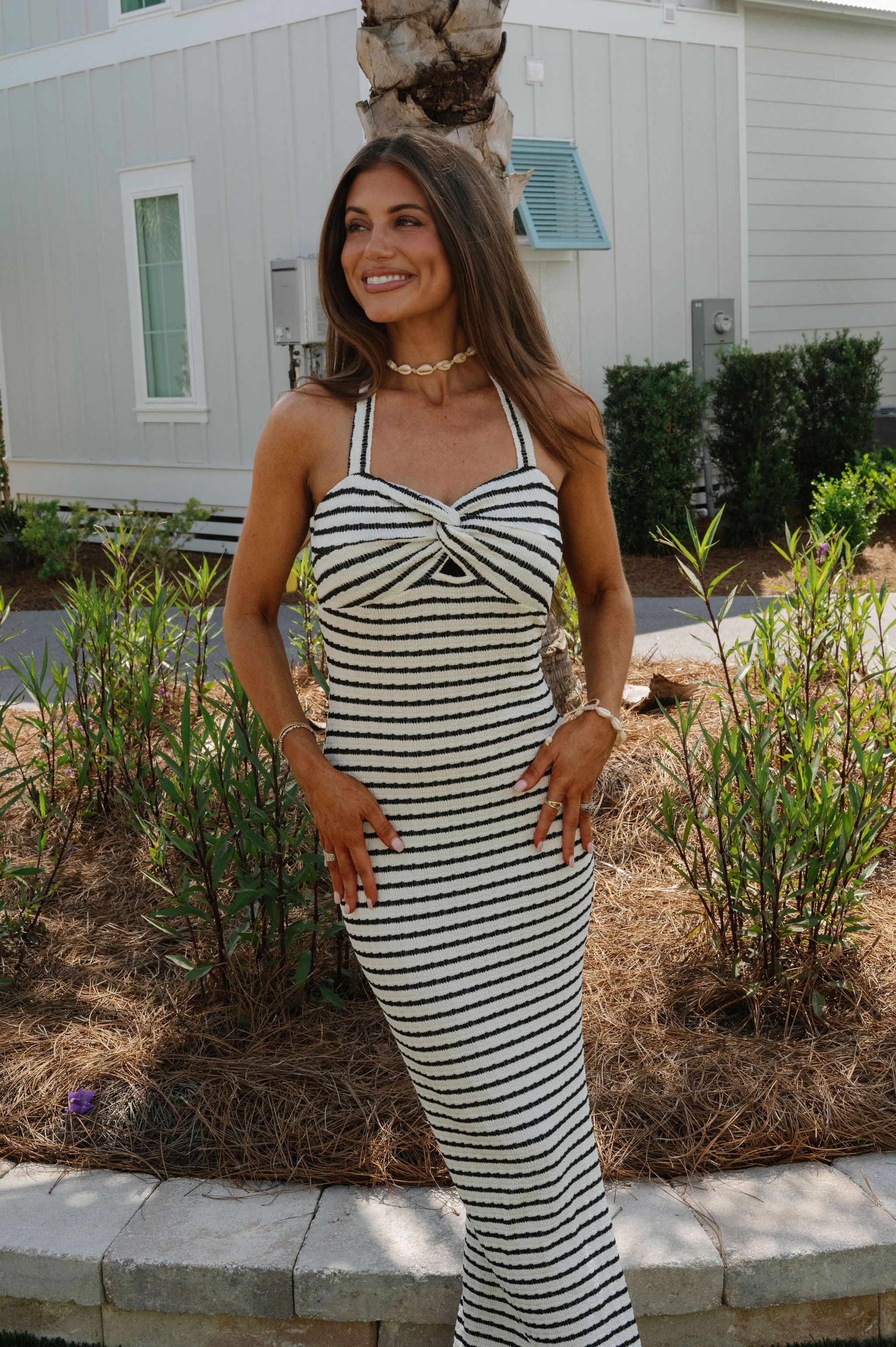Jane Striped Halter Dress-Ivory/Black