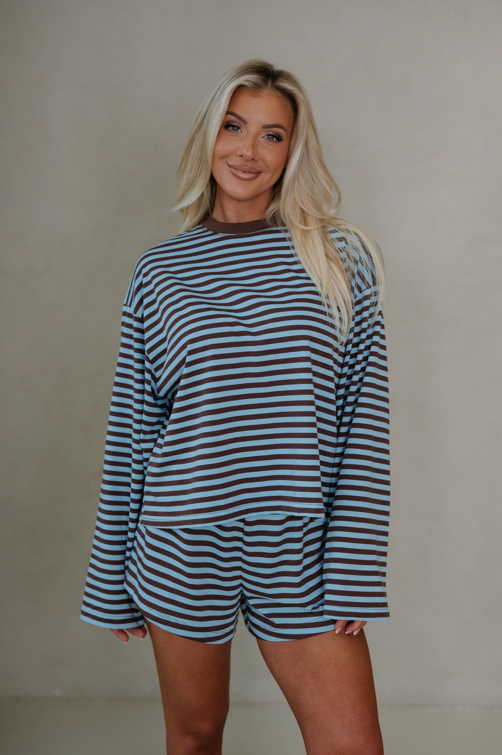 Anna Striped Shorts Set-Light Blue/Brown