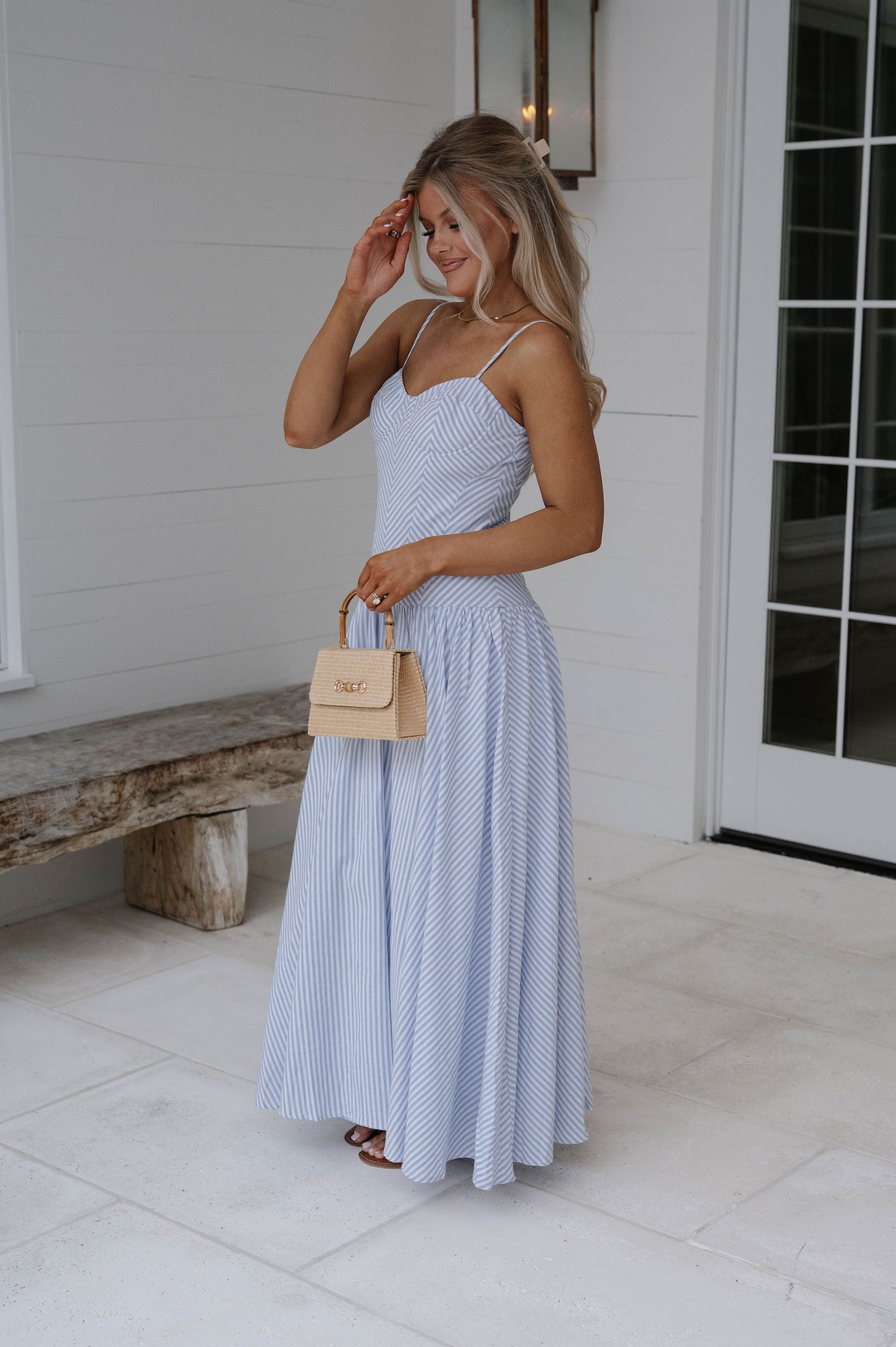 Sweetheart Striped Maxi Dress-Light Blue
