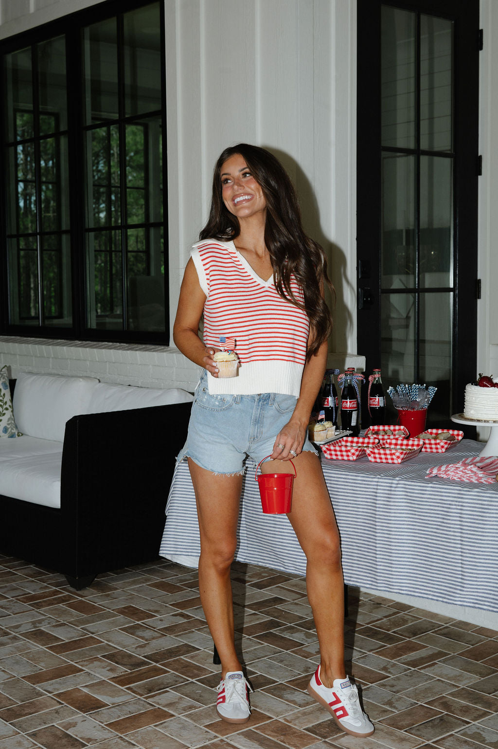V-Neck Striped Top-Red