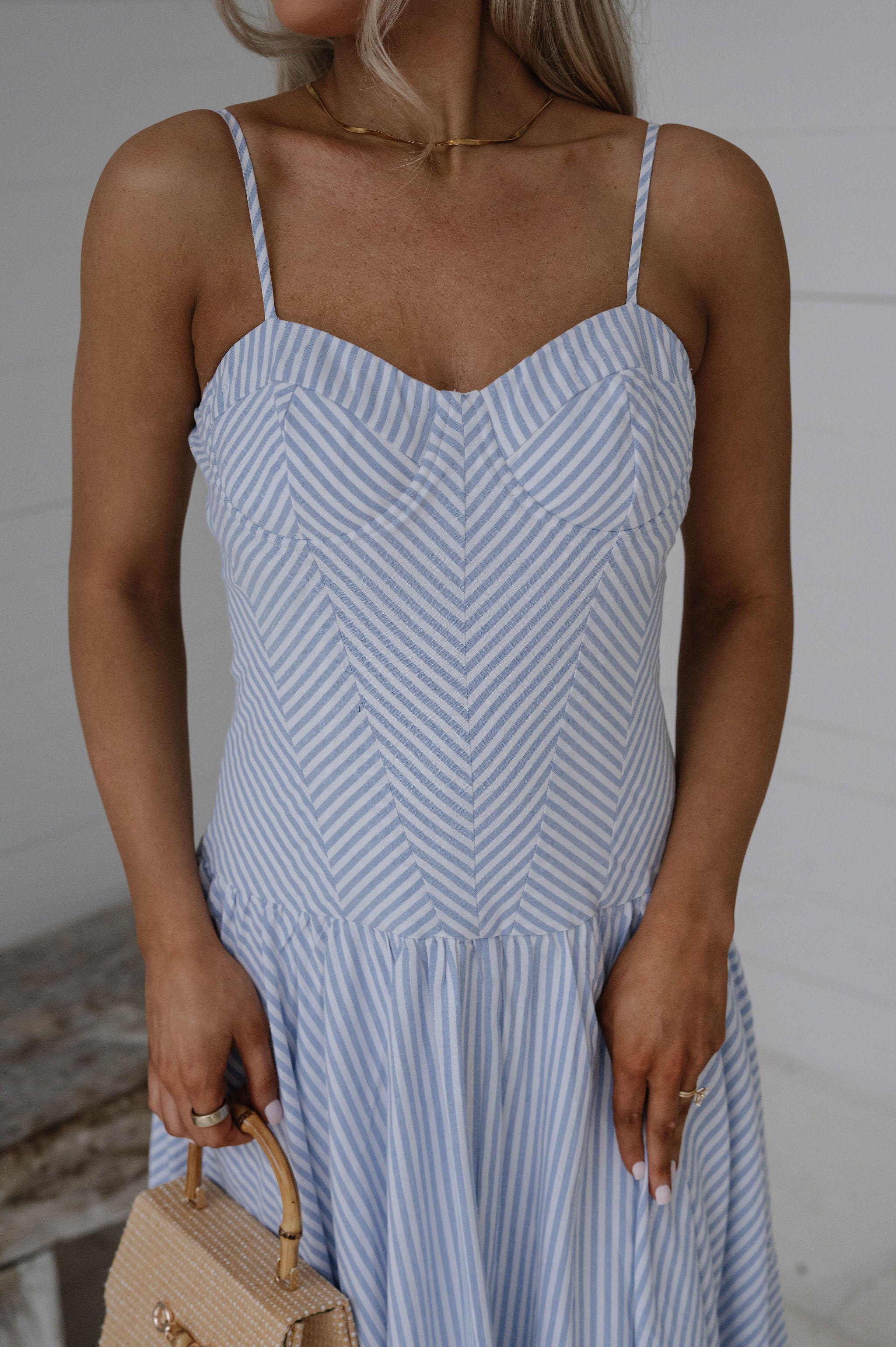 Sweetheart Striped Maxi Dress-Light Blue
