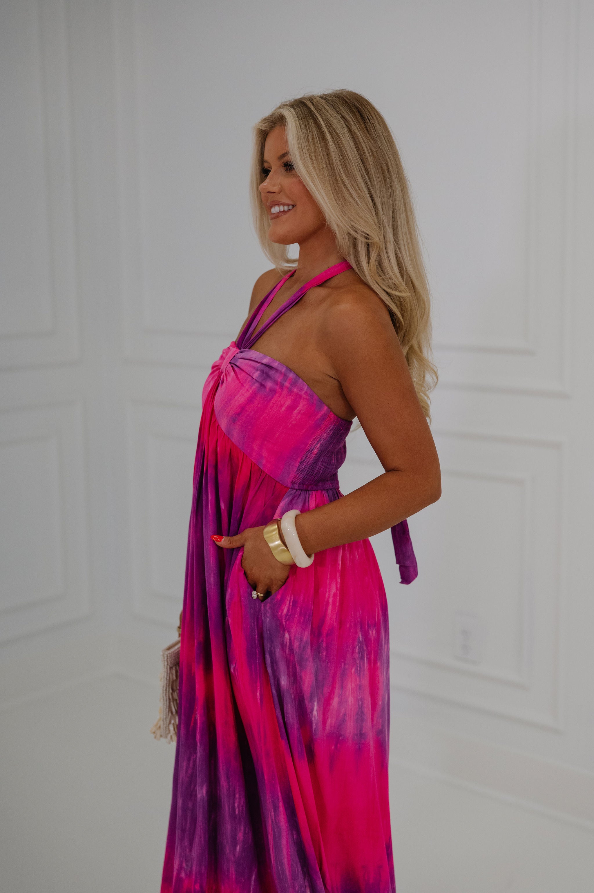 Tie Dye Print Halter Neck Maxi Dress-Multi