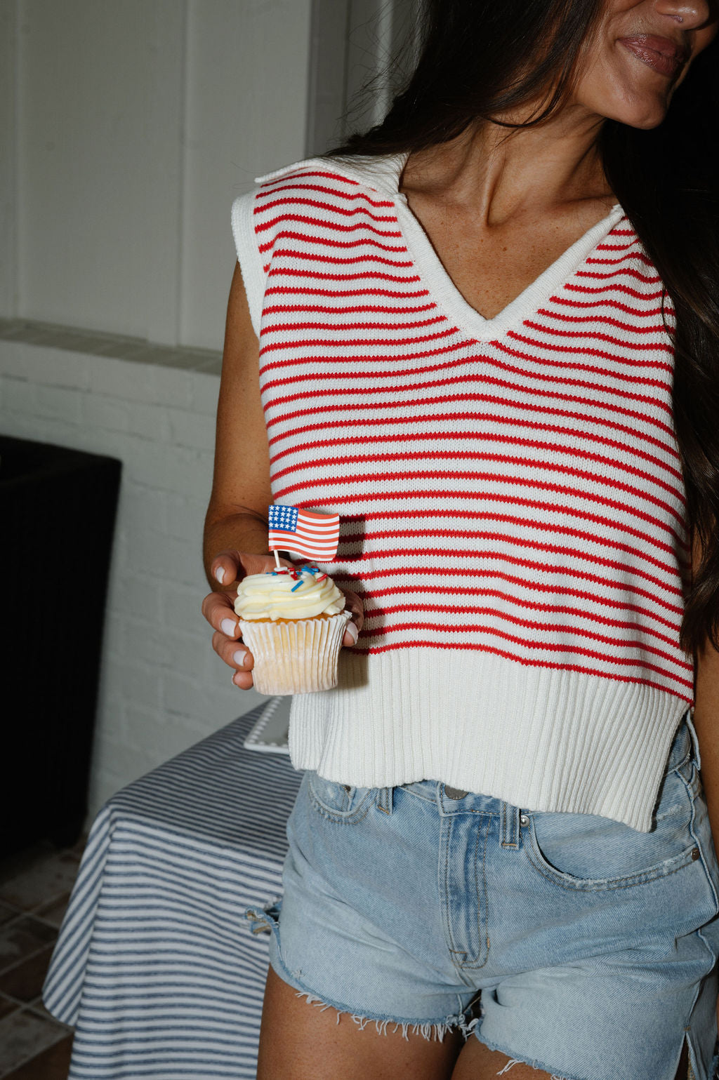 V-Neck Striped Top-Red