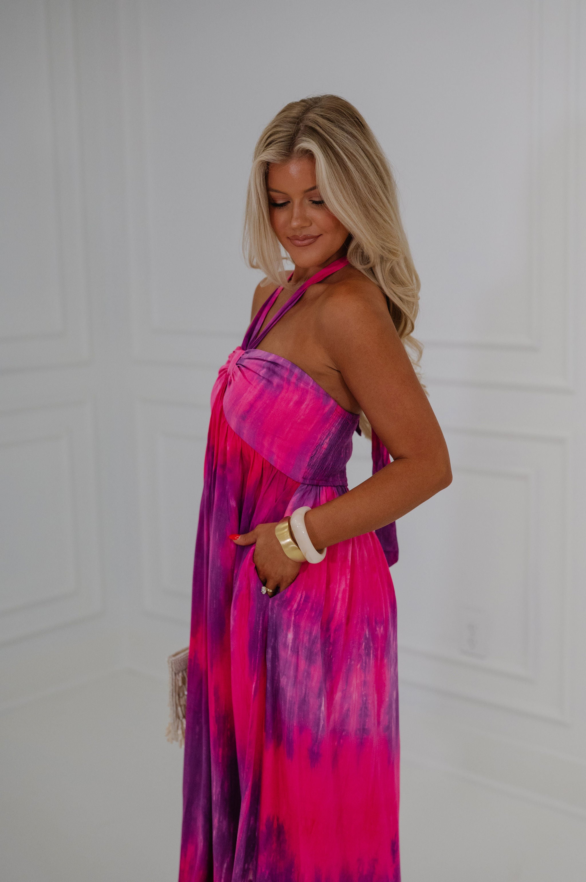 Tie Dye Print Halter Neck Maxi Dress-Multi