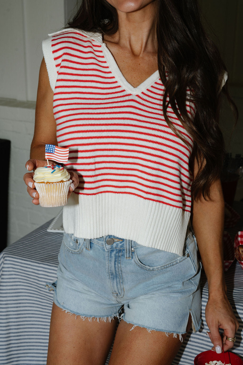 V-Neck Striped Top-Red