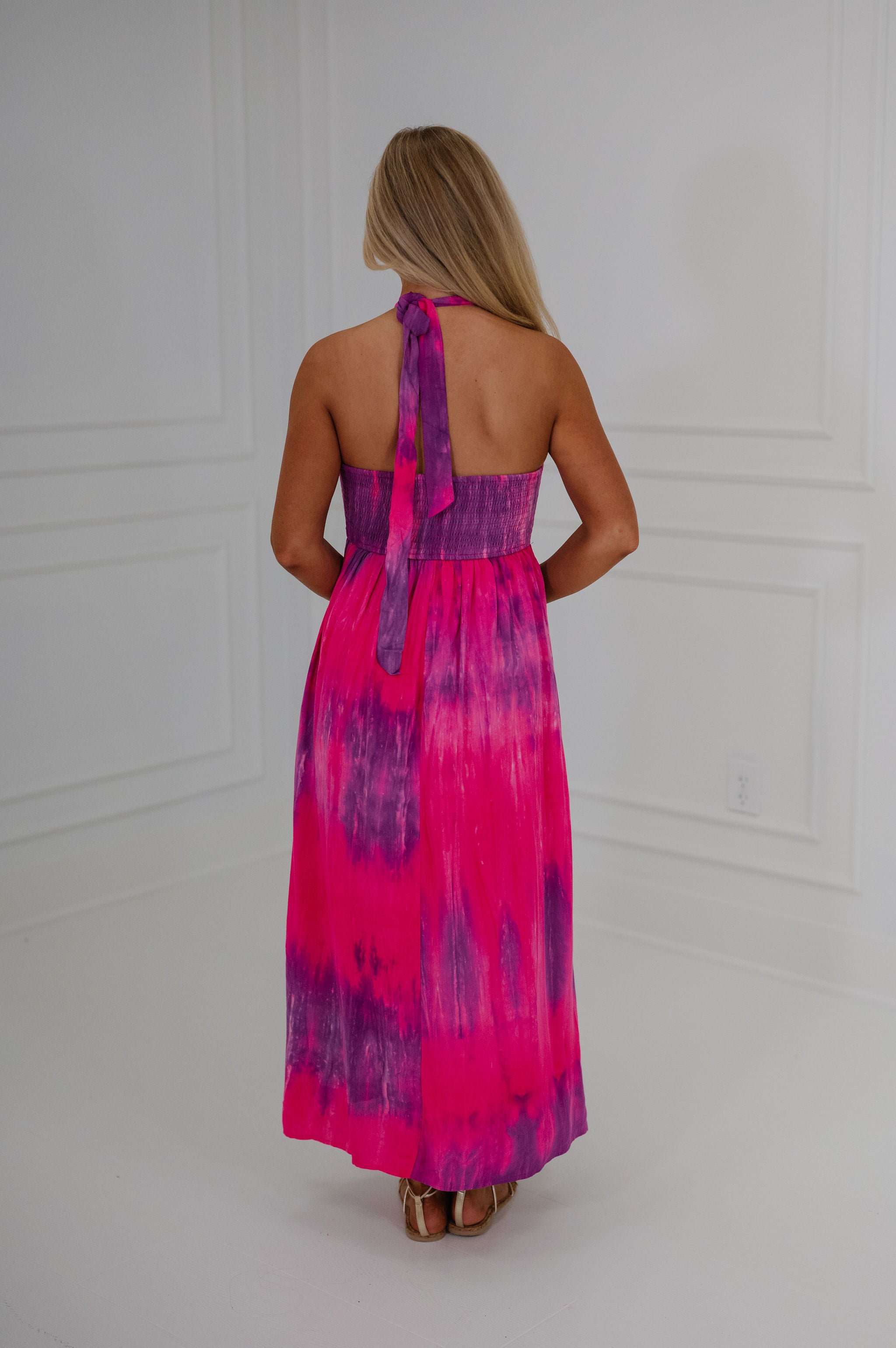 Tie Dye Print Halter Neck Maxi Dress-Multi