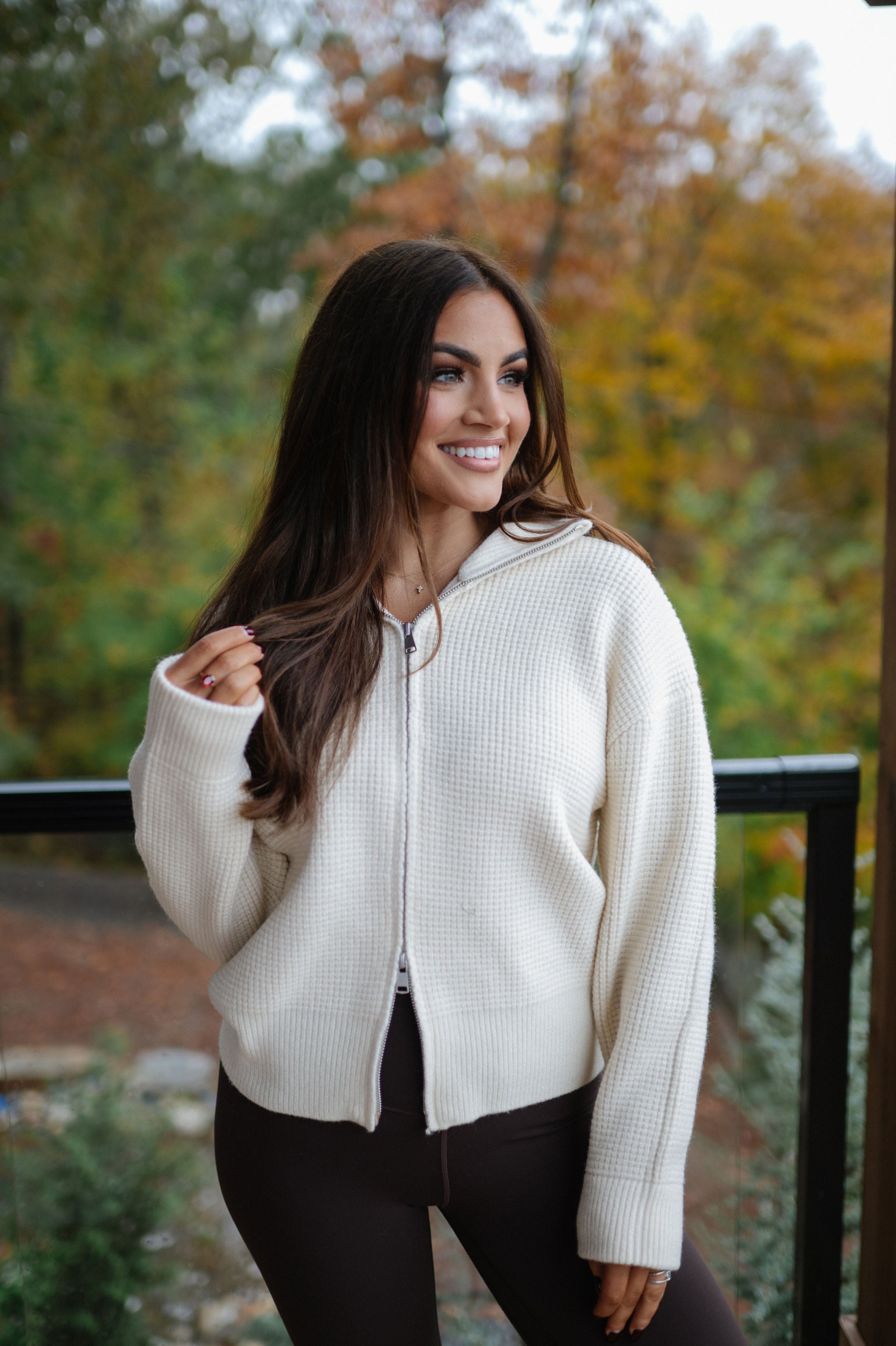 Two Way Waffle Knit Zip Up-Cream