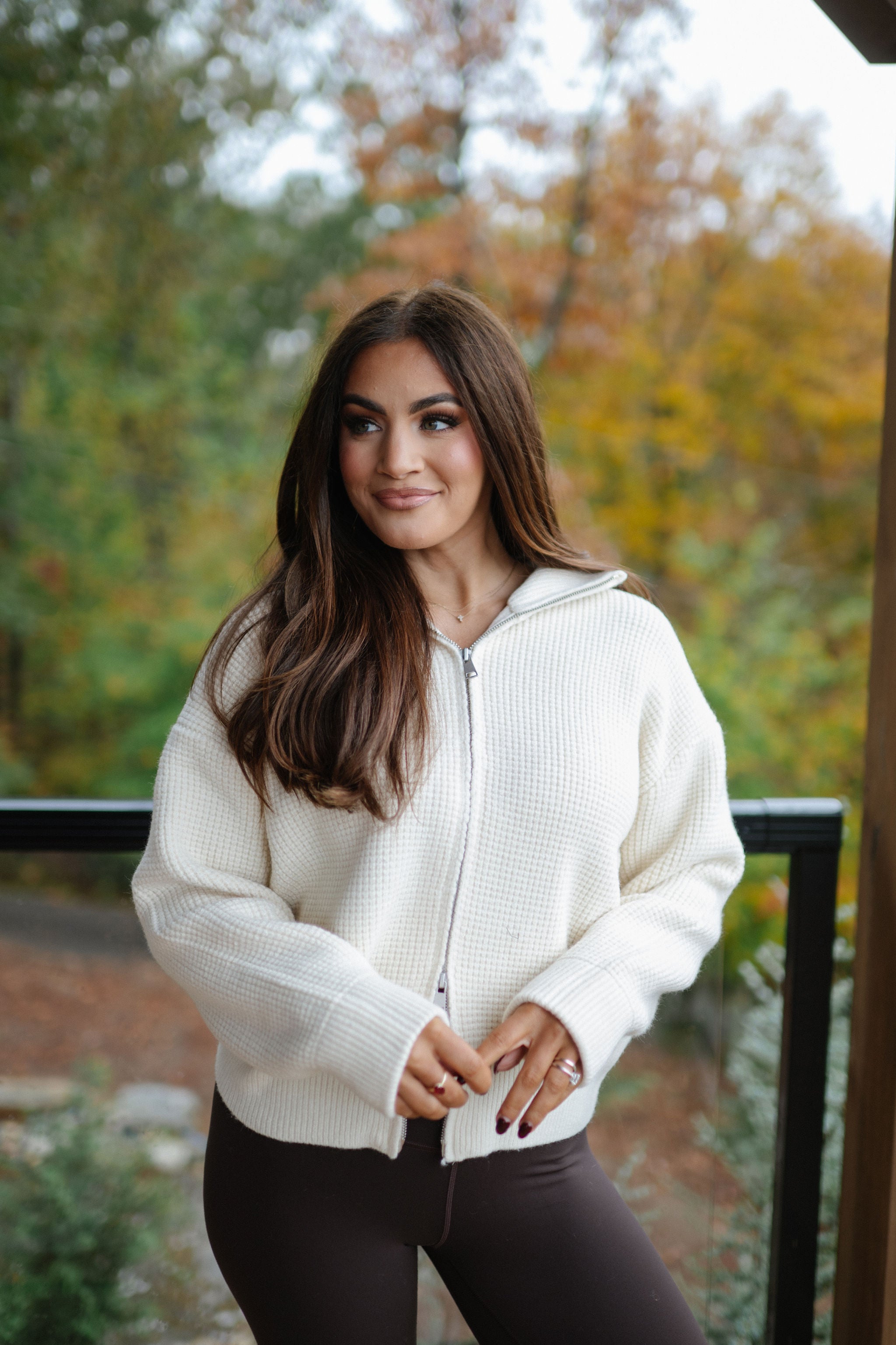 Two Way Waffle Knit Zip Up-Cream