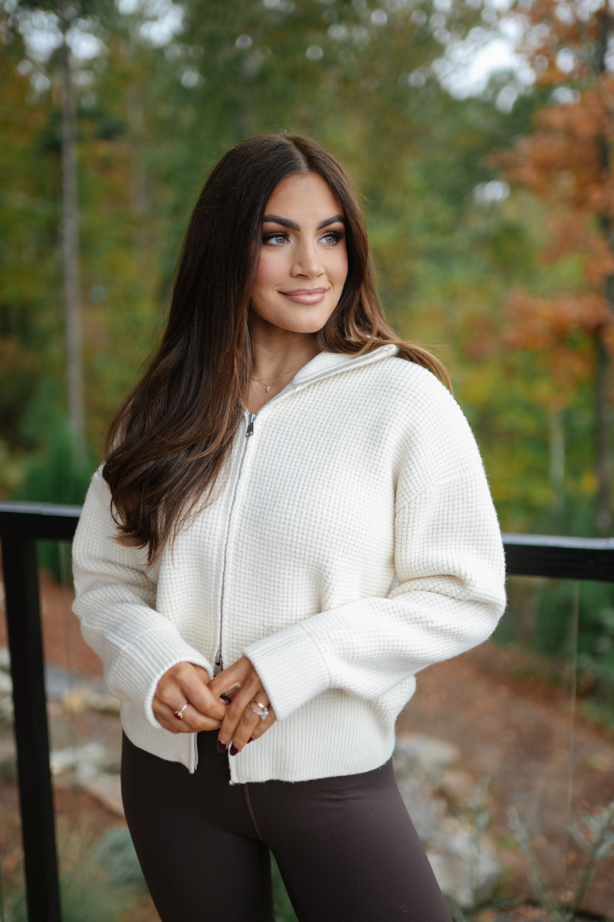 Two Way Waffle Knit Zip Up-Cream