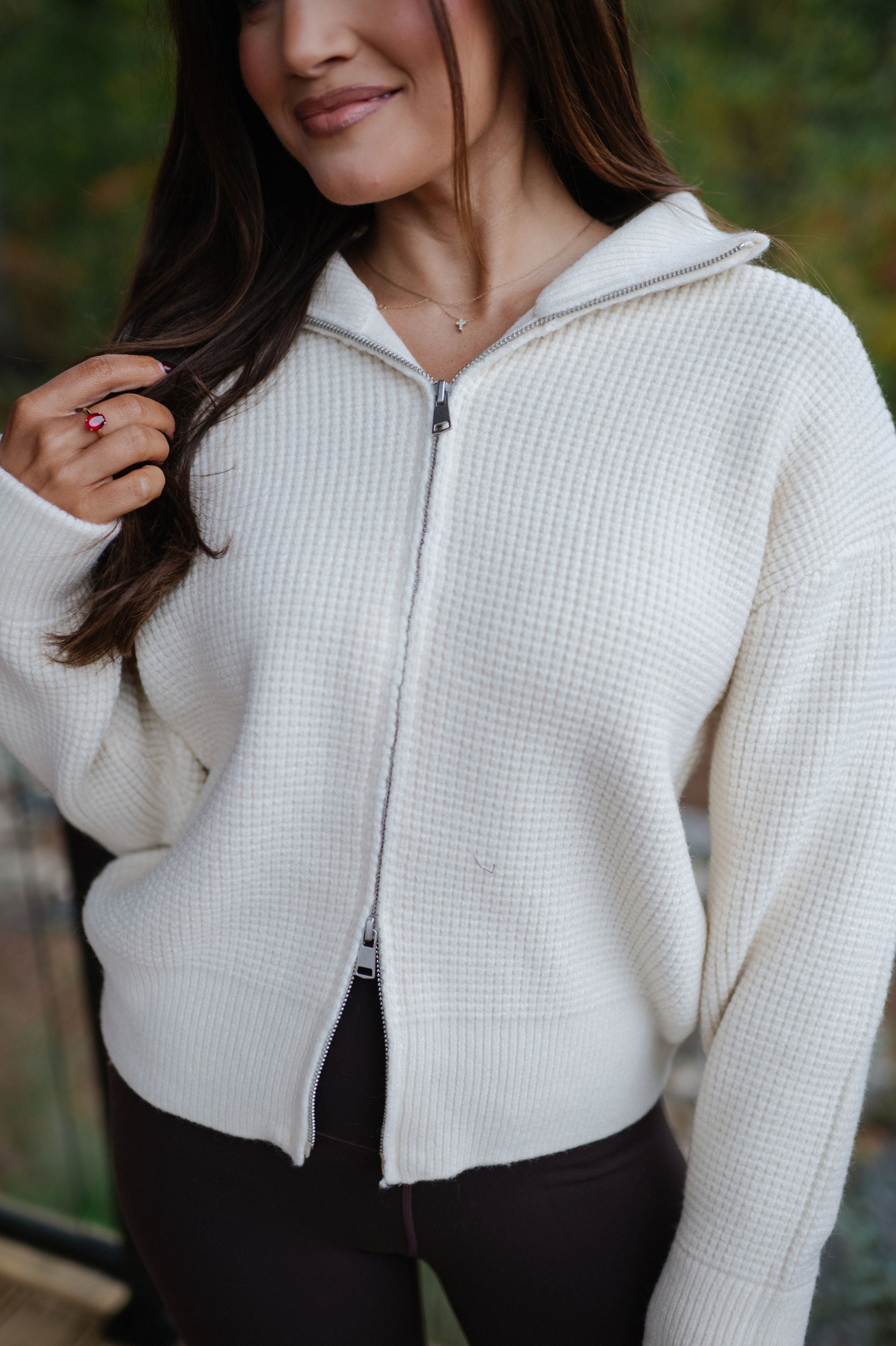 Two Way Waffle Knit Zip Up-Cream