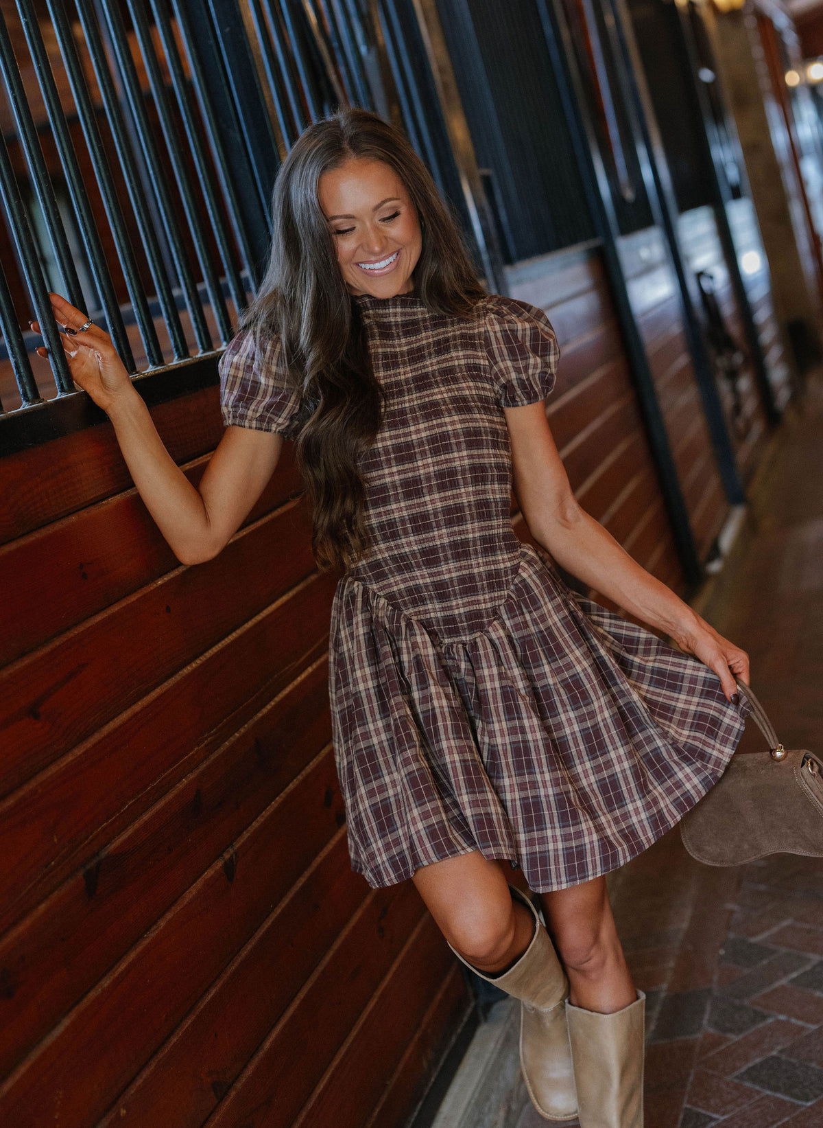 Rinsely Plaid Smocked Mini Dress-Brown