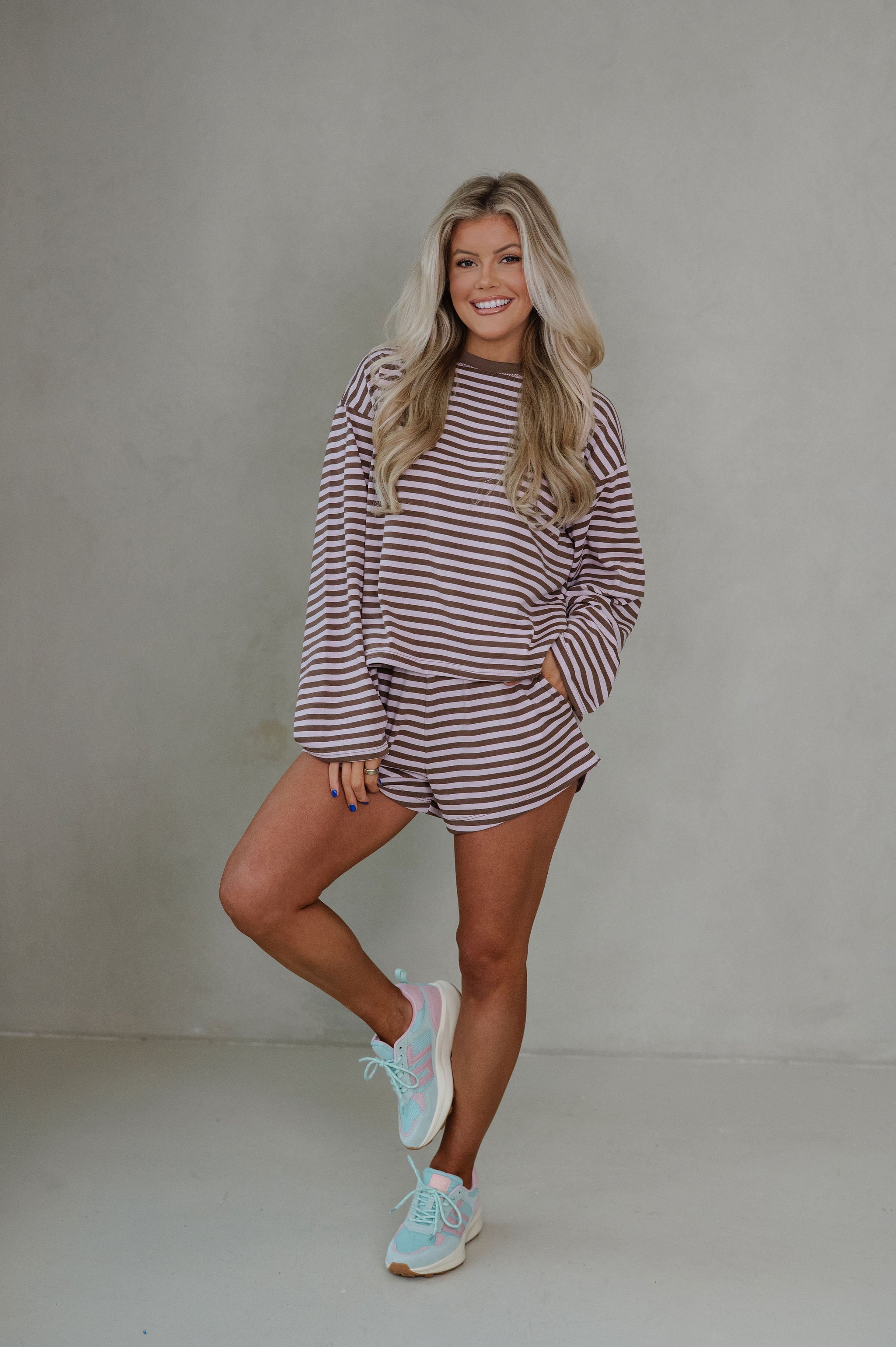 Anna Striped Shorts Set-Pink/Brown