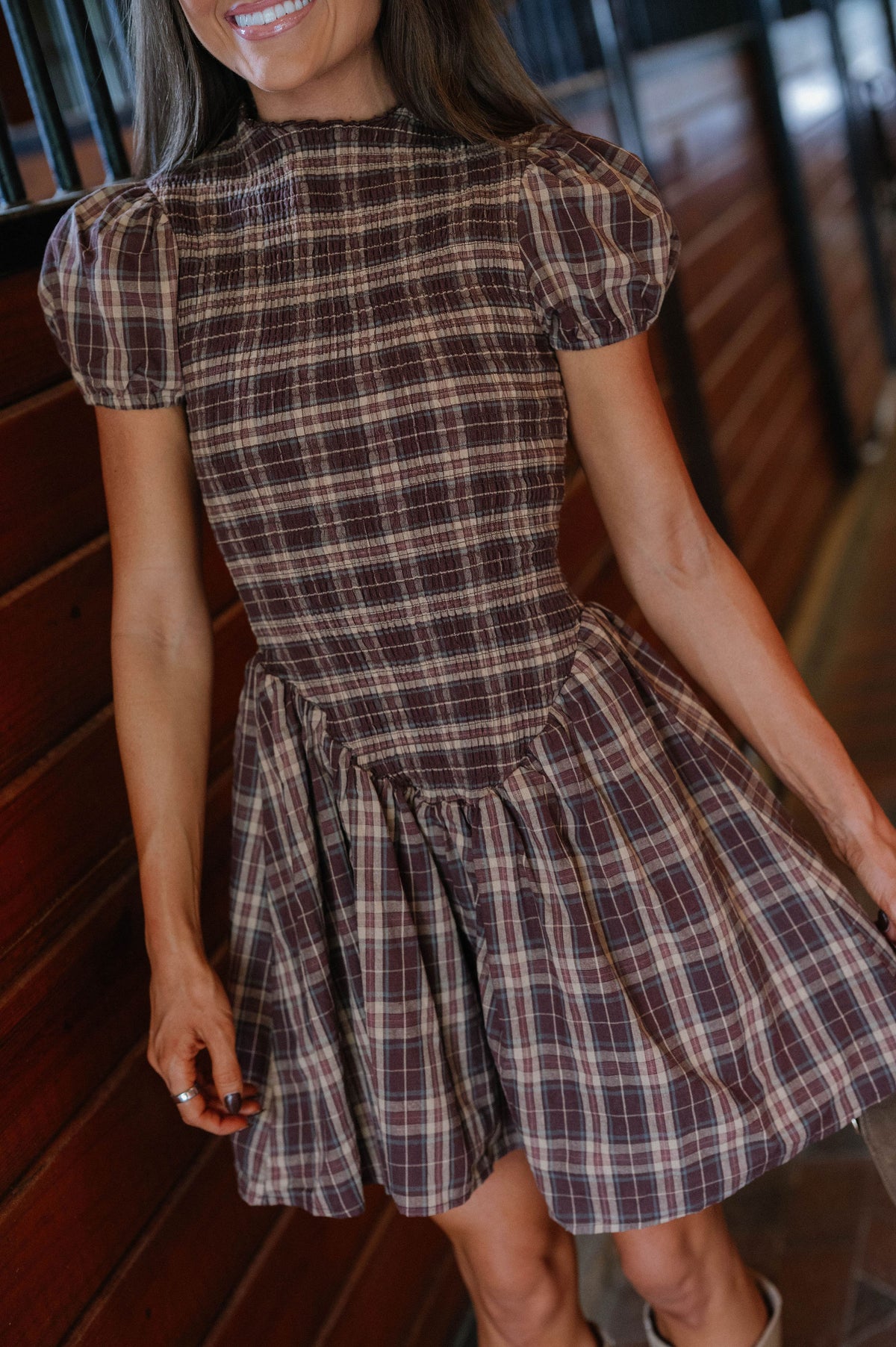 Rinsely Plaid Smocked Mini Dress-Brown