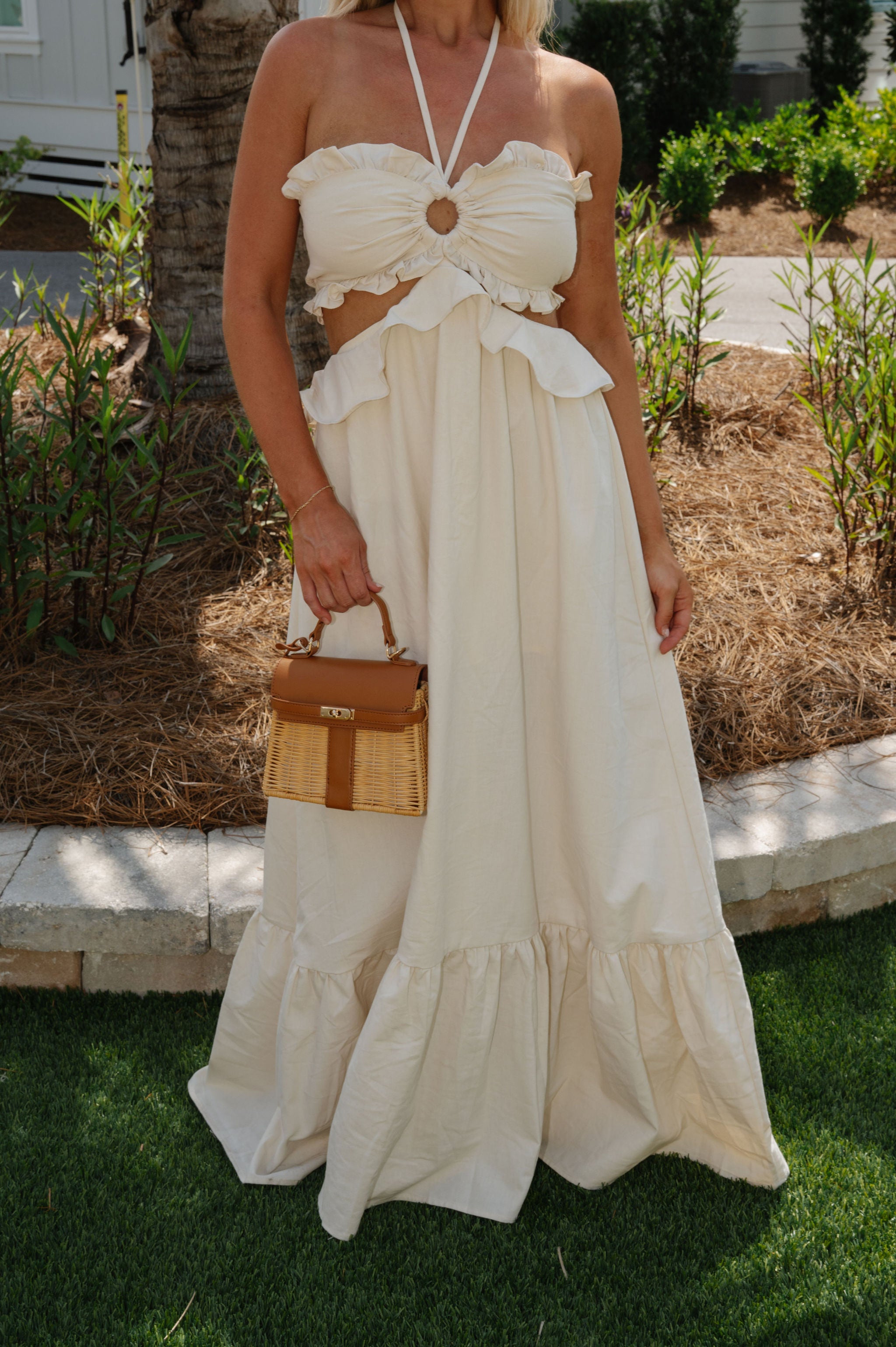 oatmeal bridesmaid dresses Coastal Charm Twist Back Maxi Dress Oat