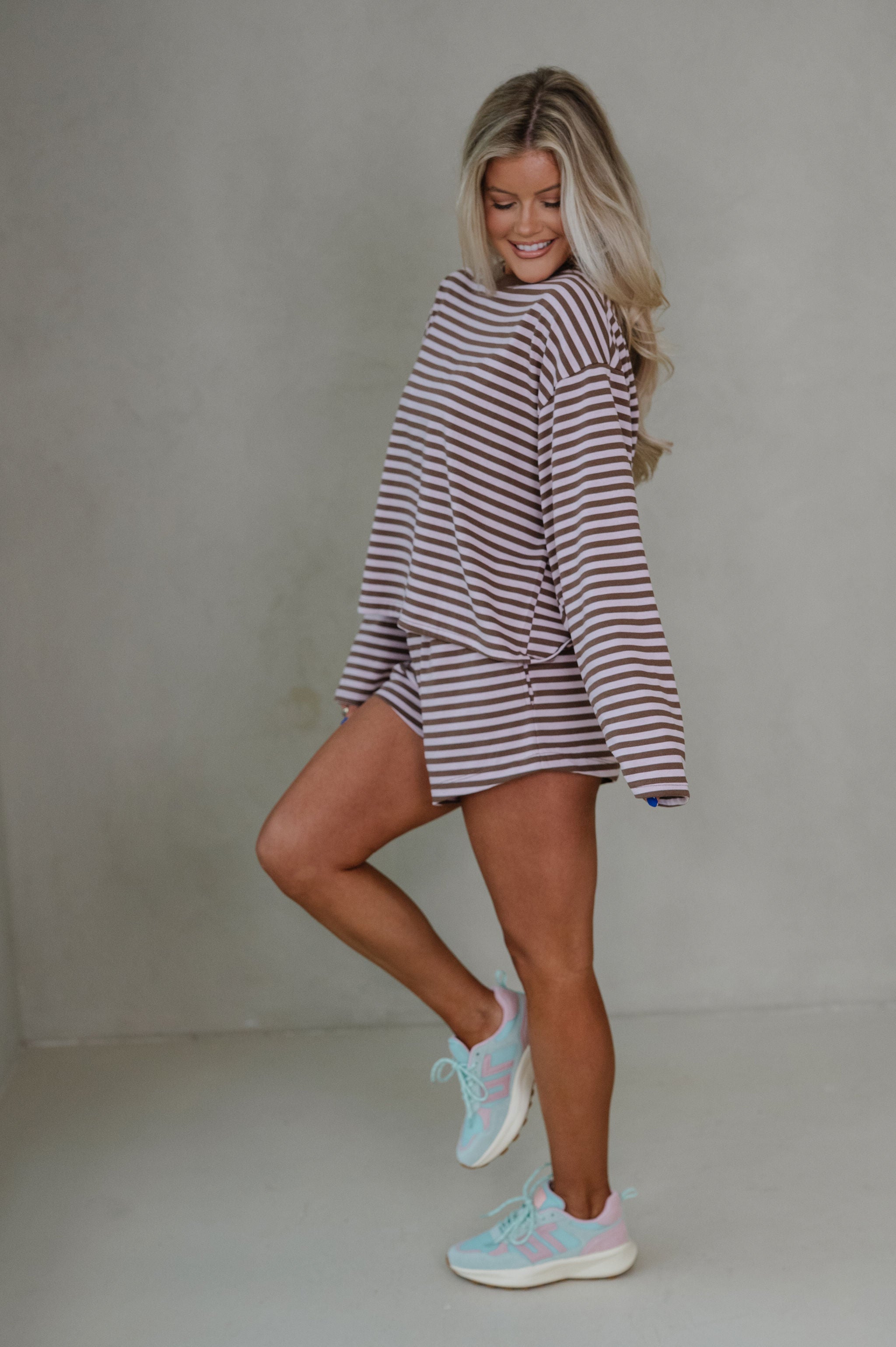 Anna Striped Shorts Set-Pink/Brown