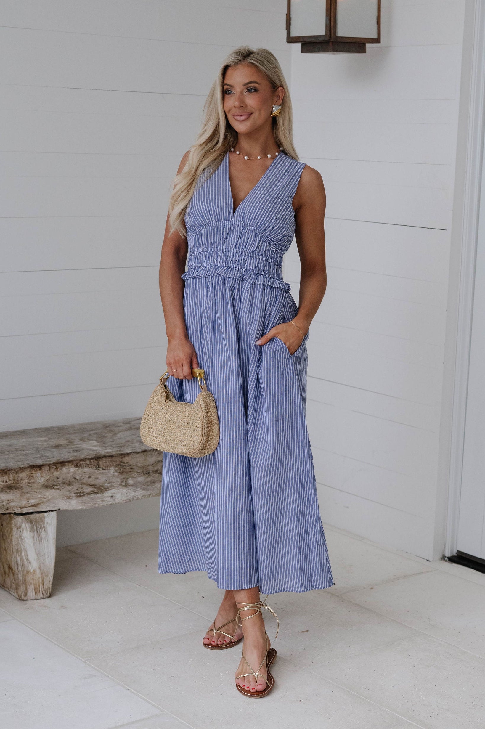 Alice Striped Midi Dress-Denim/White
