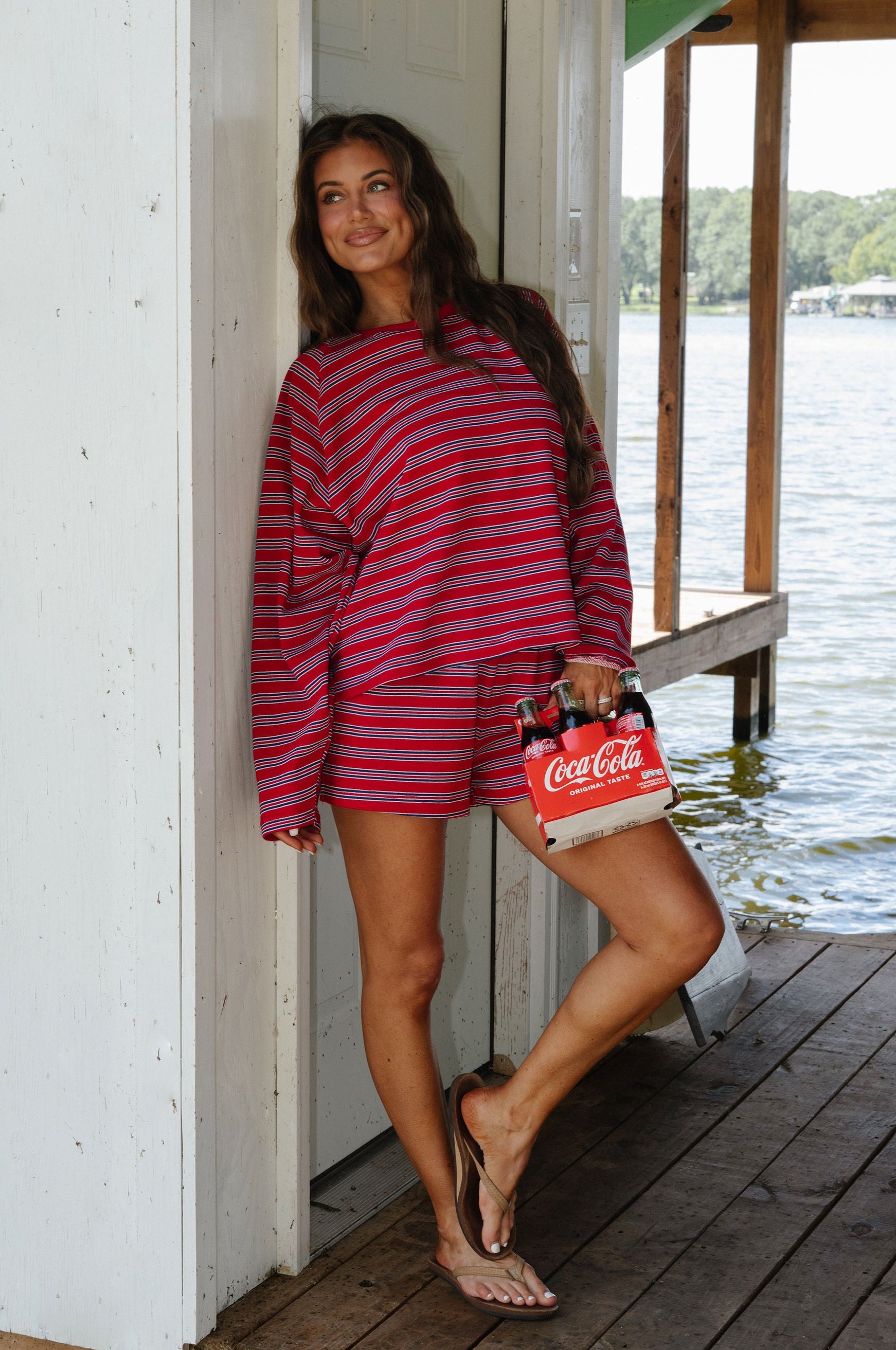 Jenny Striped Short Set-Red/Navy