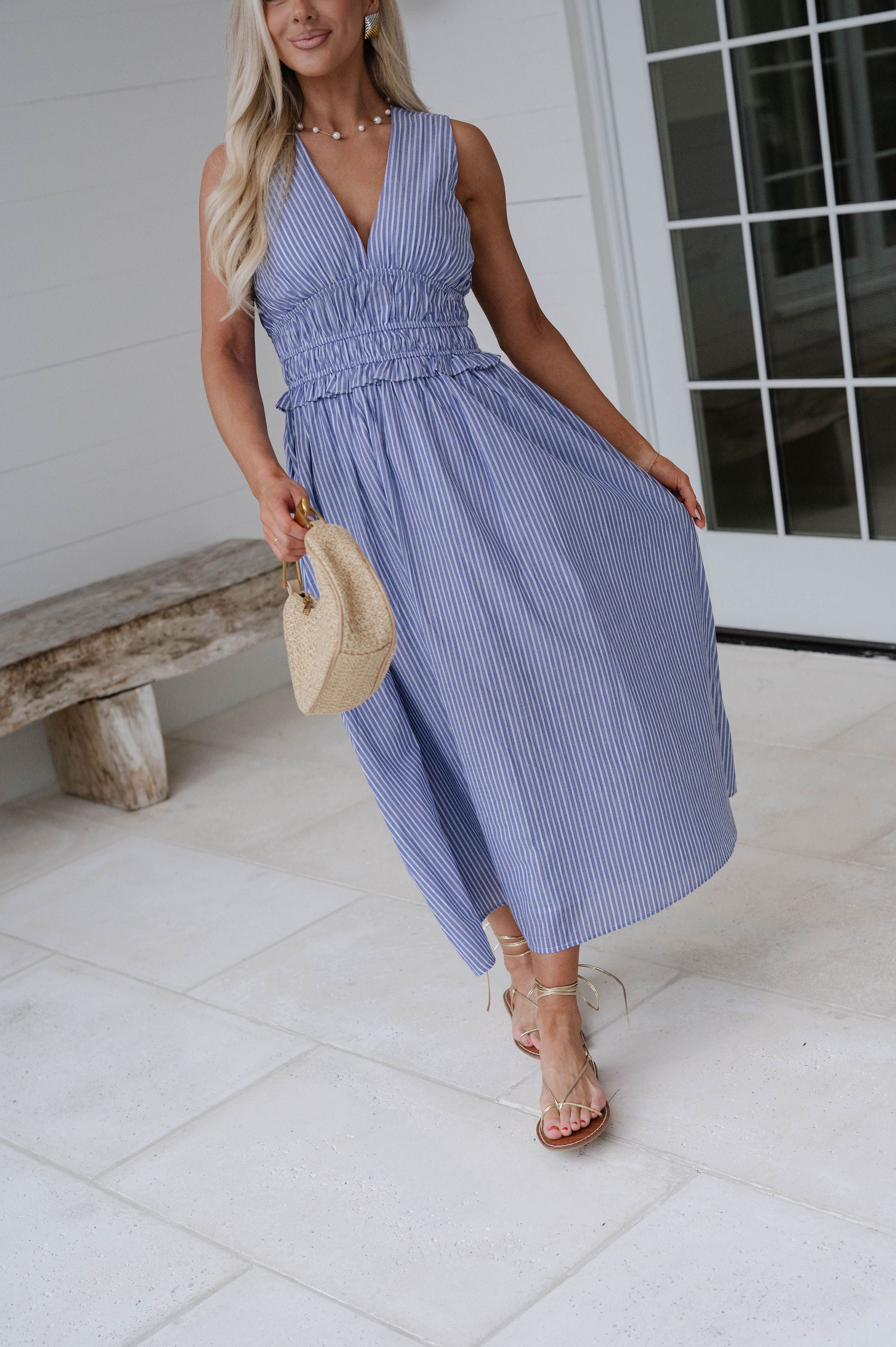 Alice Striped Midi Dress-Denim/White