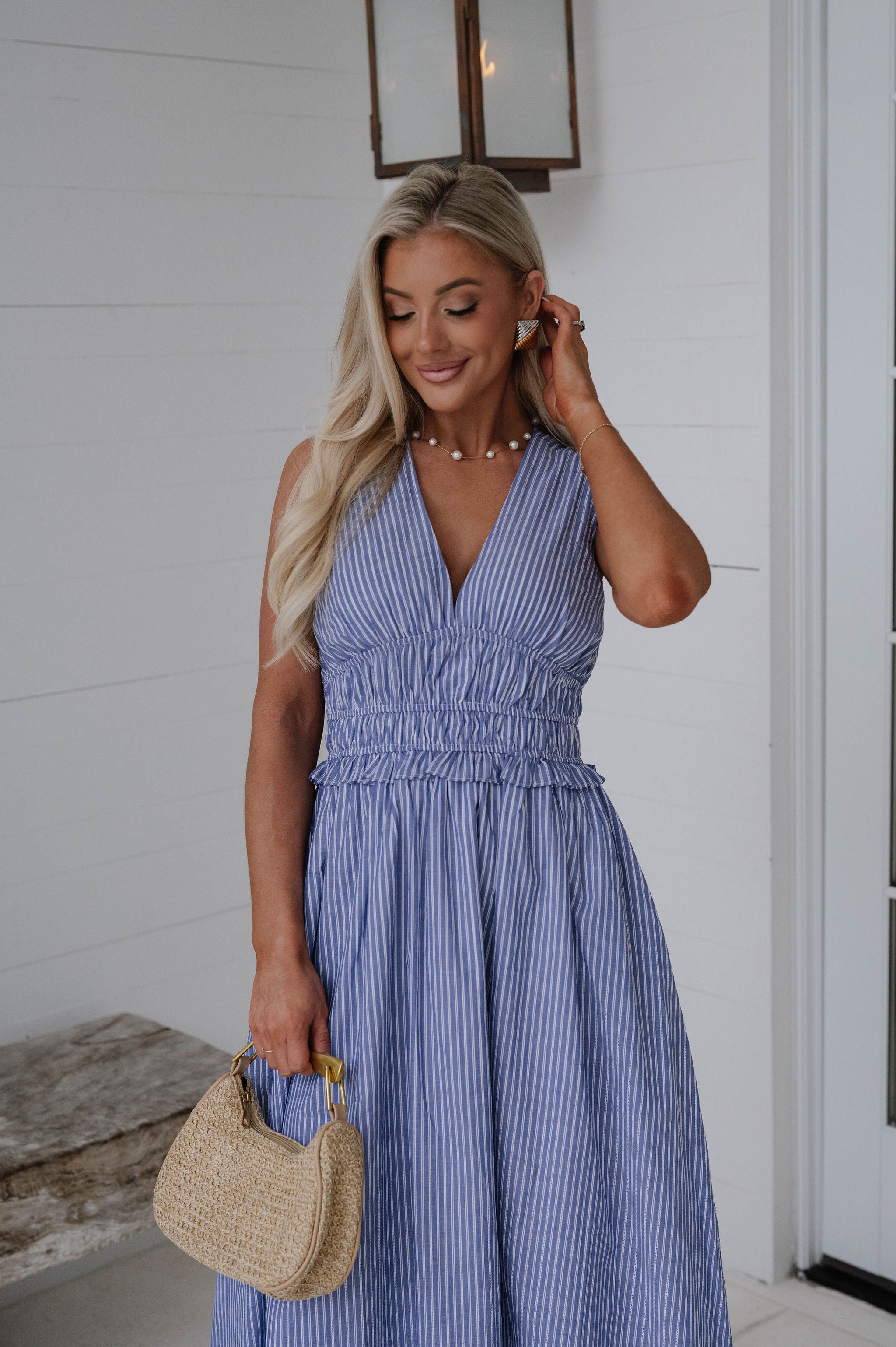 Alice Striped Midi Dress-Denim/White