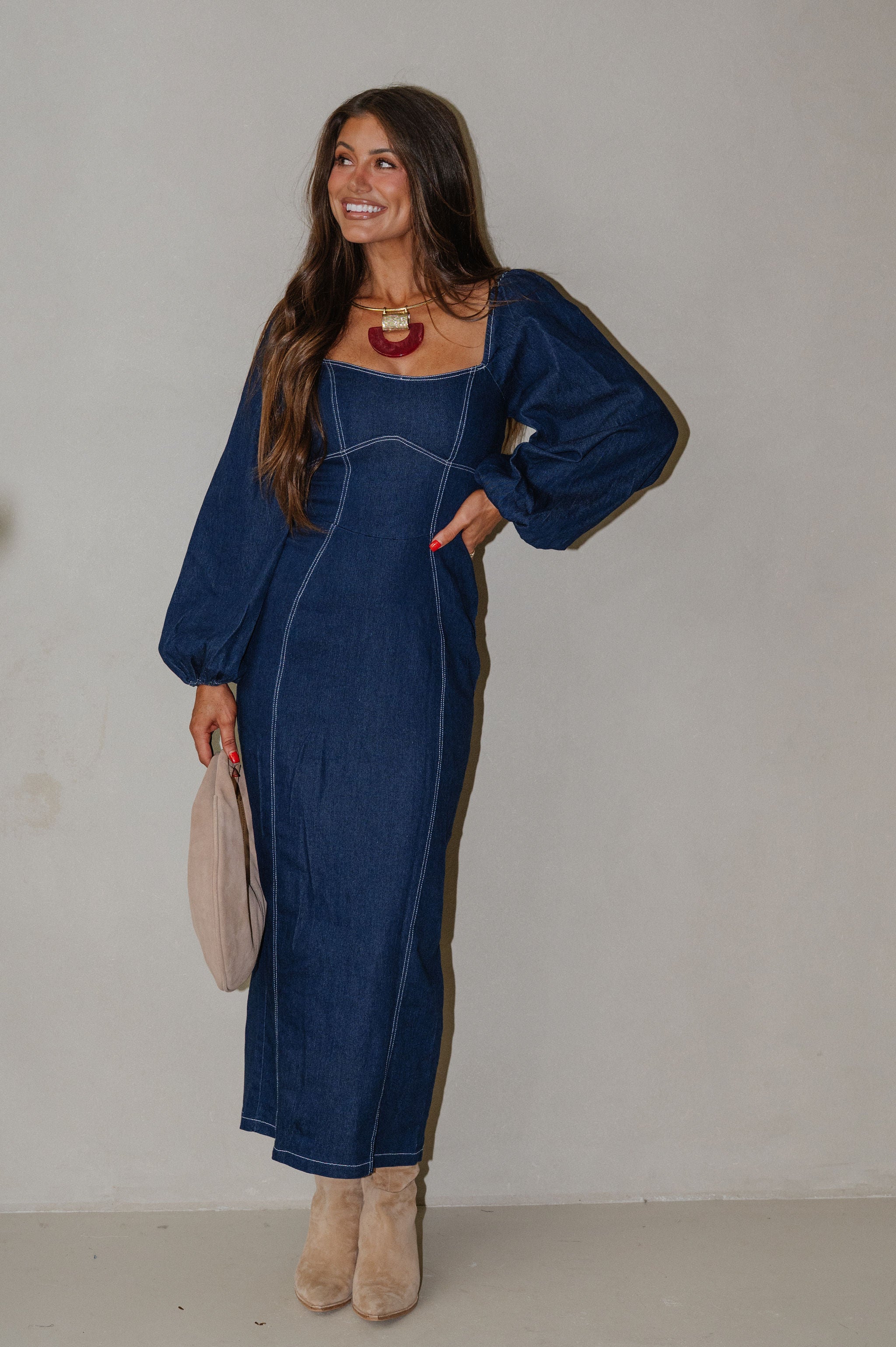 Balloon Sleeve Midi Dress-Indigo