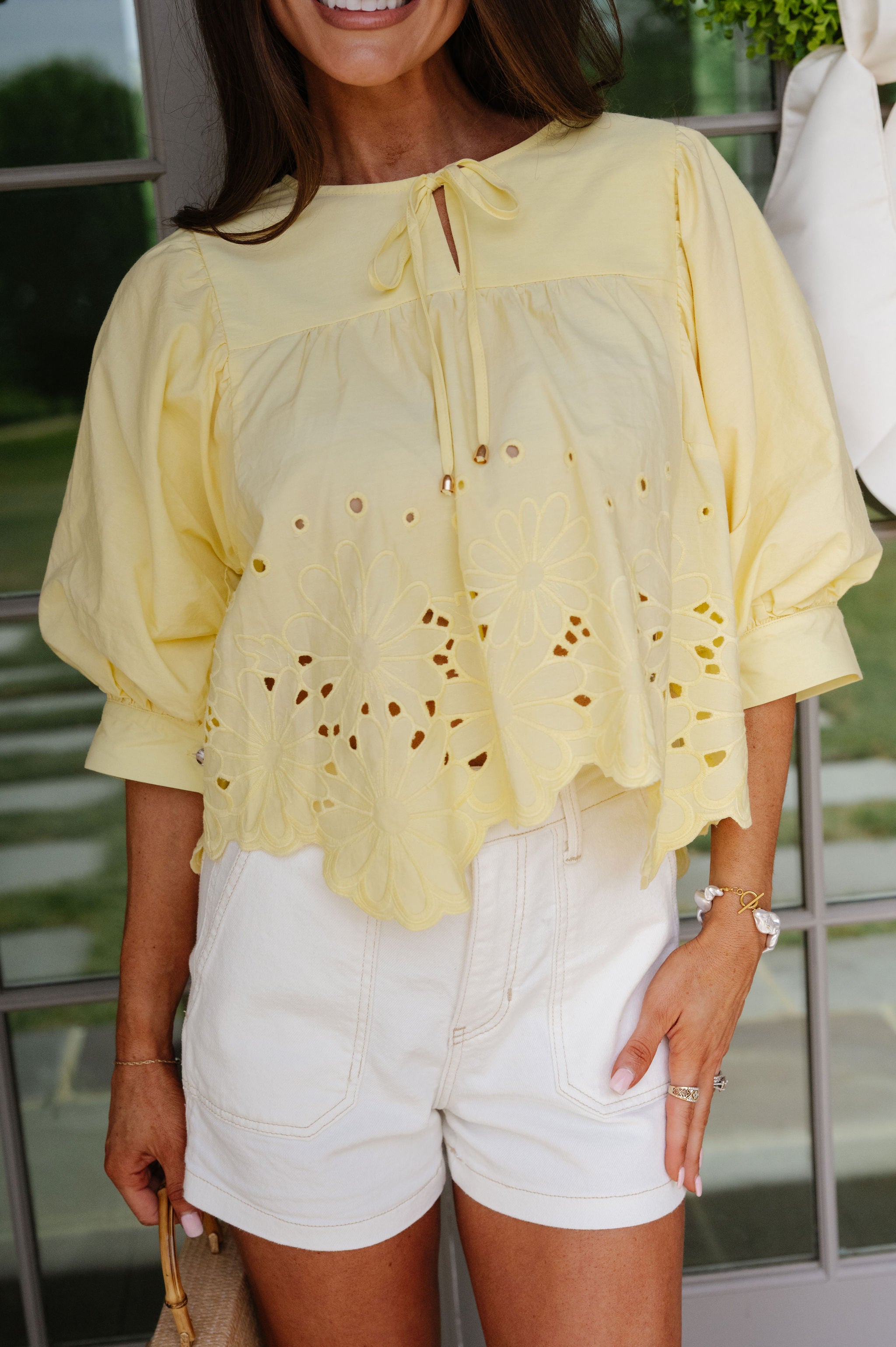 yellow monstera eyelet crop top Wrenn Eyelet Top-Yellow