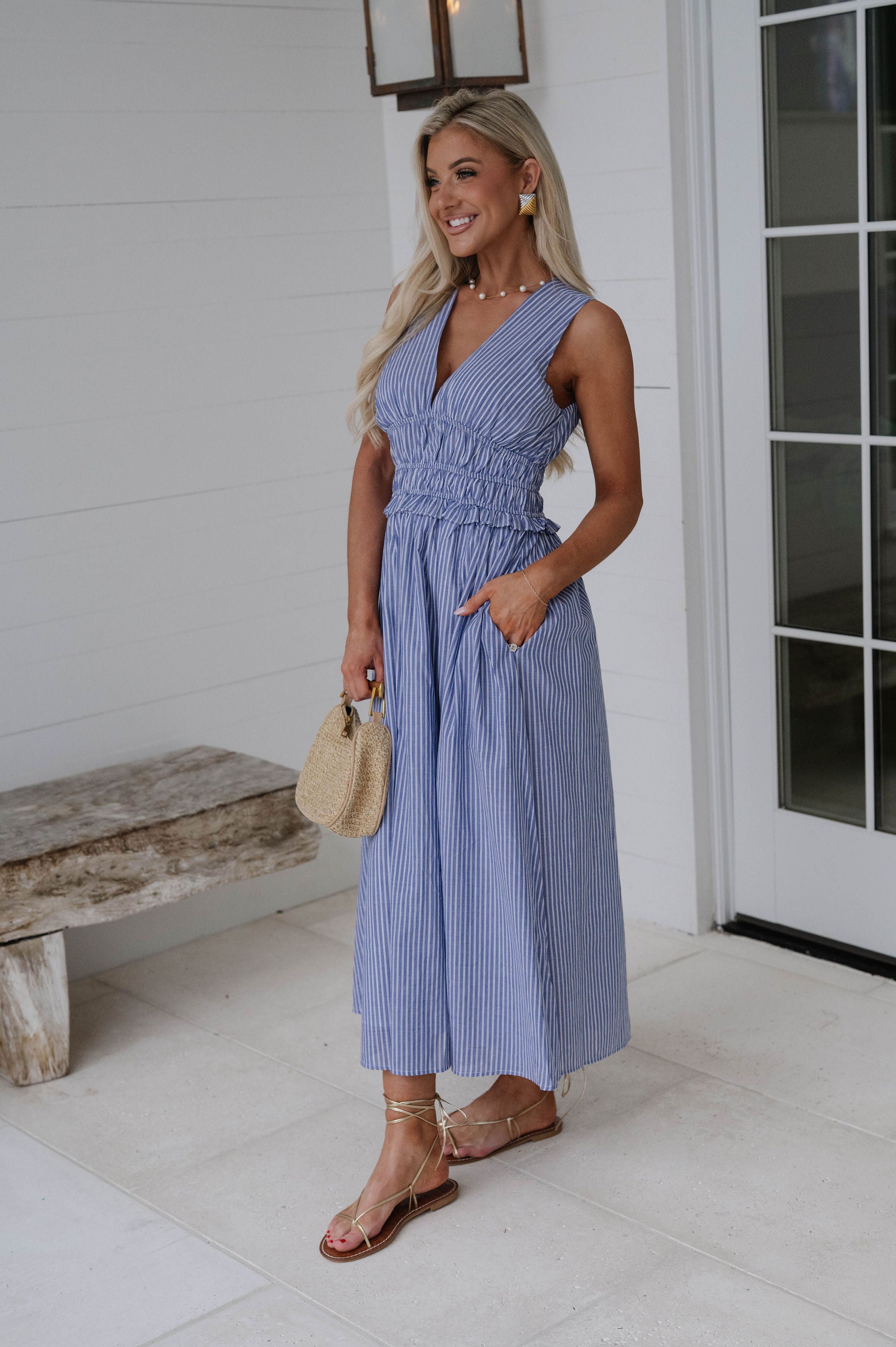 Alice Striped Midi Dress-Denim/White