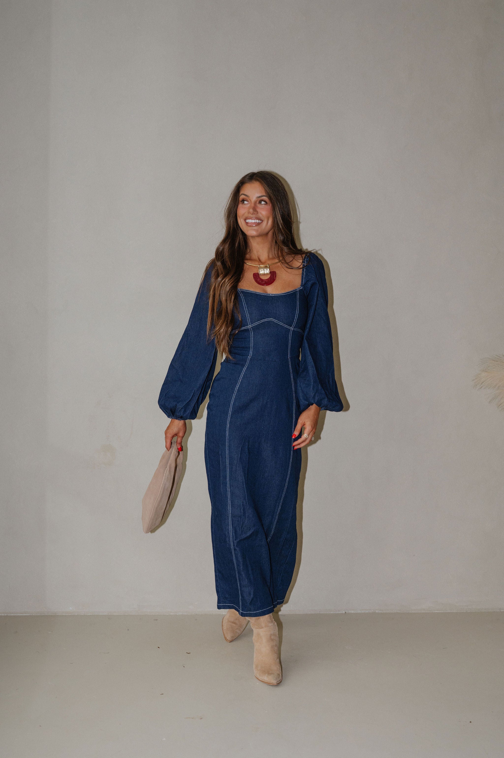 Balloon Sleeve Midi Dress-Indigo
