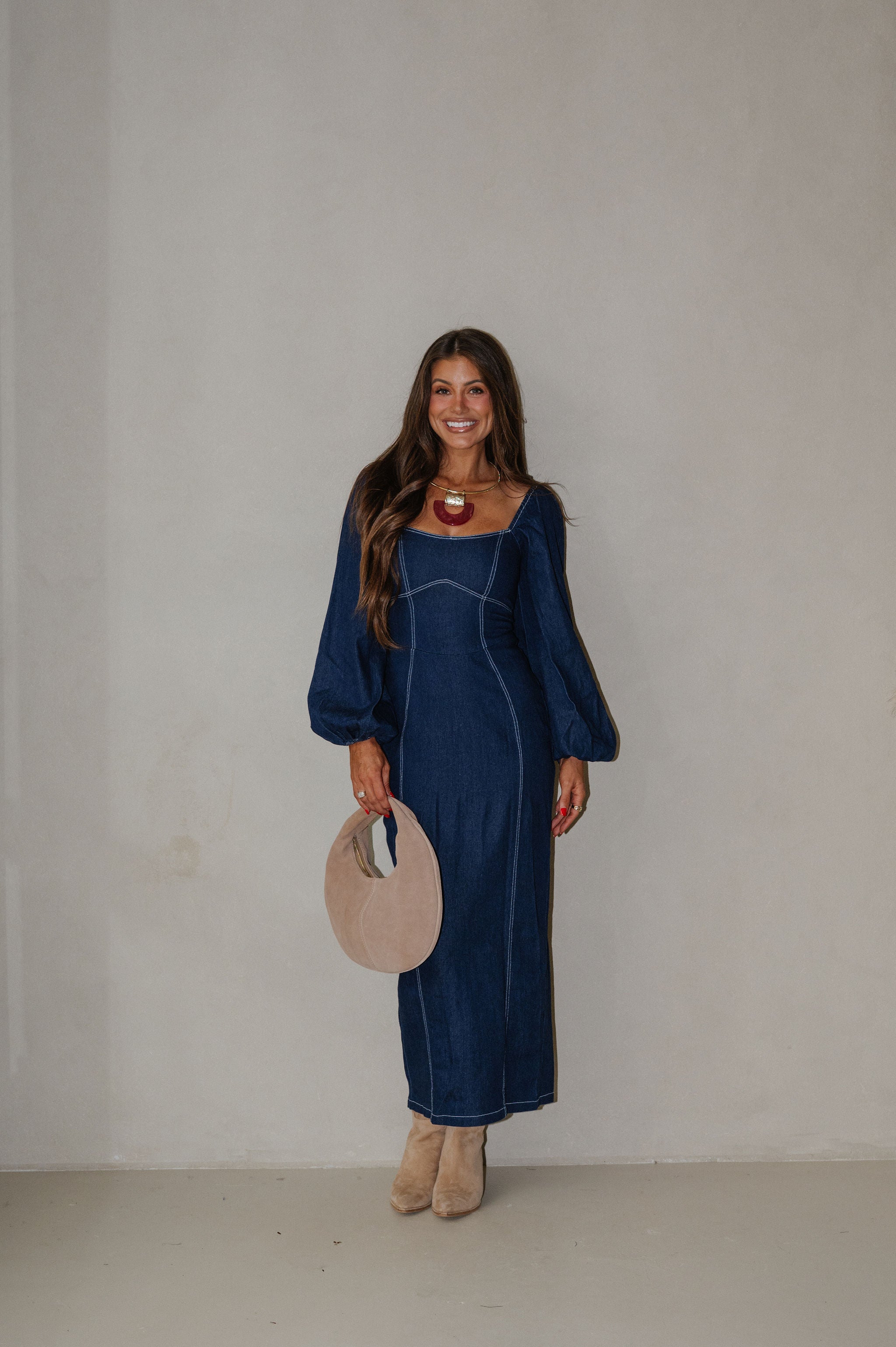 Balloon Sleeve Midi Dress-Indigo