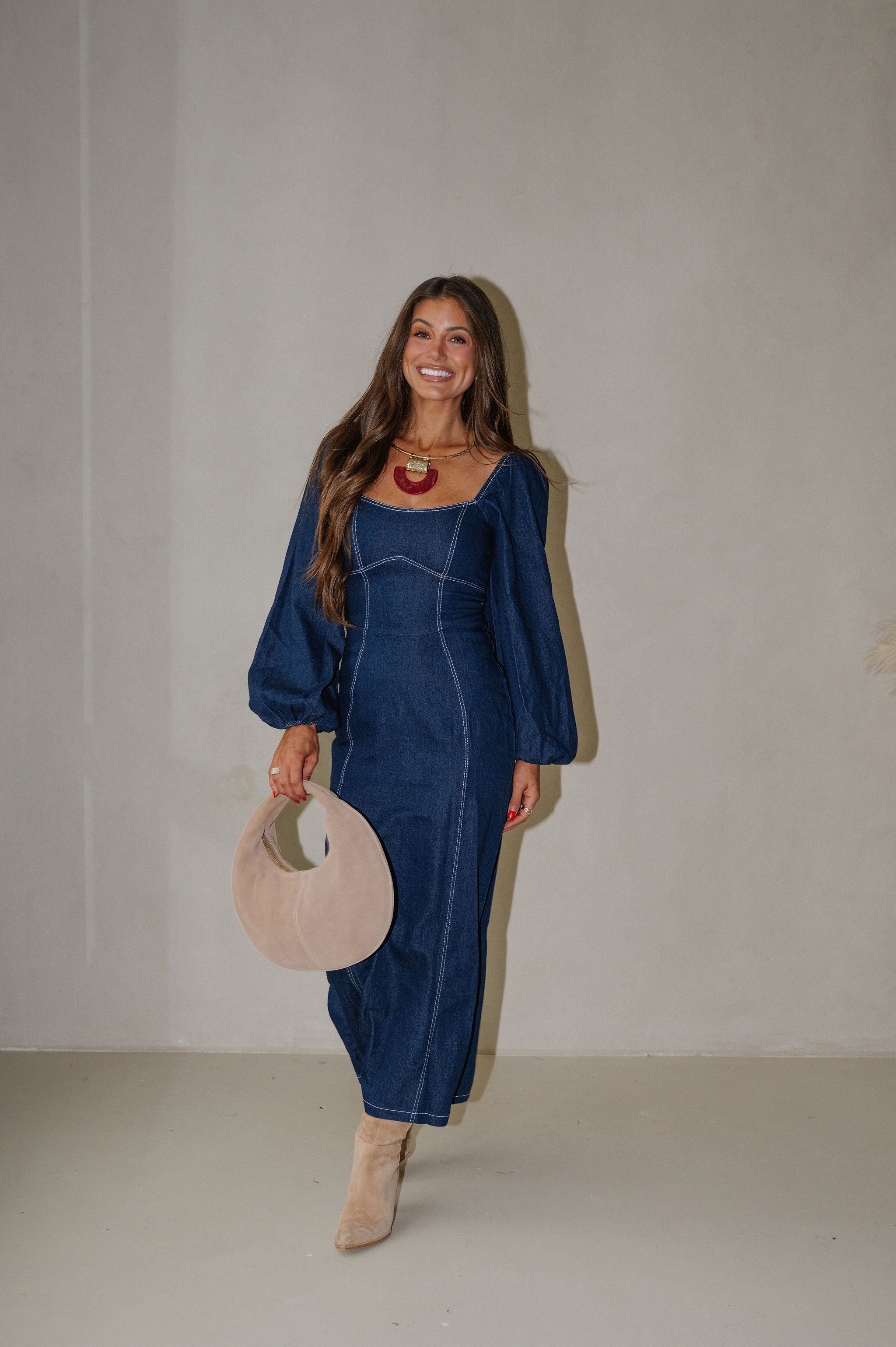 Balloon Sleeve Midi Dress-Indigo